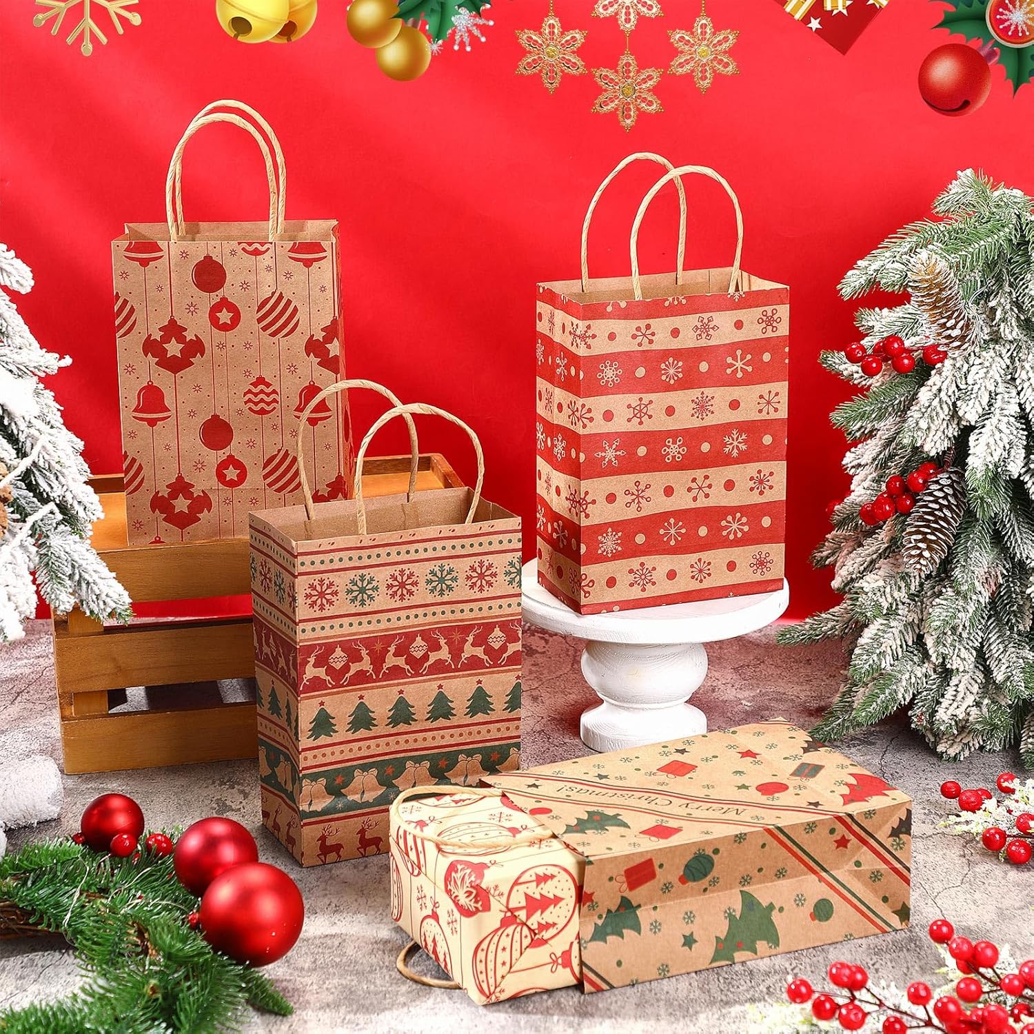 Kolldenn 100 Pcs Christmas Kraft Paper Gift Bags Bulk with Handle Holiday Elk Christmas Trees Snowflake Treat Bags for Xmas Party Favor Supplies - Image 4