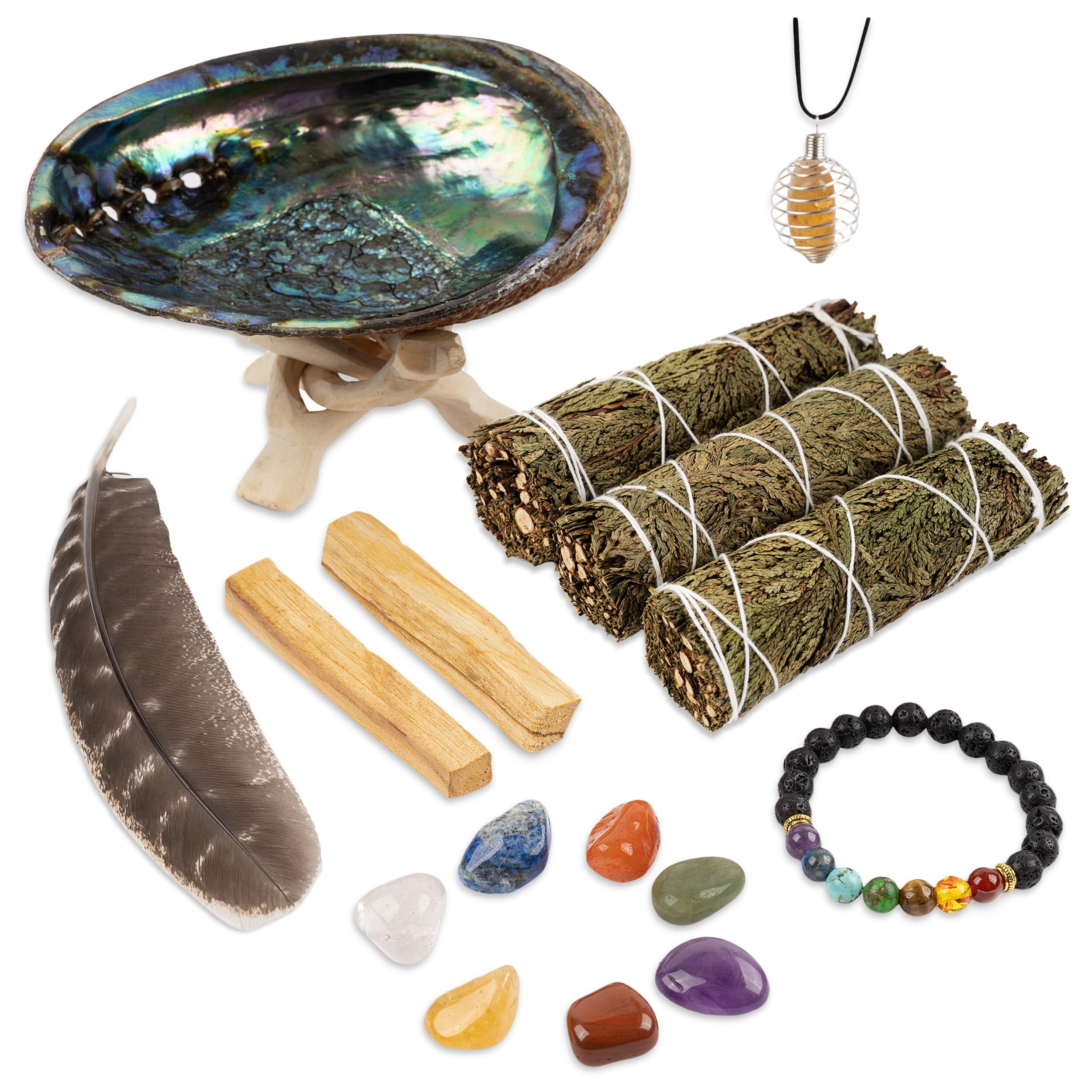 Wish Well Sage Smudge Kit - 3 Dragon's Blood Sage Sticks, 2 Palo Santo, 5-6" Abalone Shell, Stand, Feather - Cleansing House, Meditation, Energy Healing & Reiki, Perfect Starter Kit with Instructions