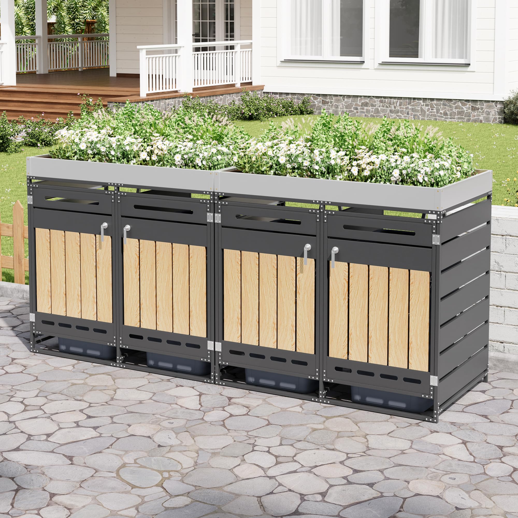 Merax Contenedor de basura de 4 puertas con jardinera, armario de almacenamiento de hierro para jardín, revestimiento para contenedores de basura con cerradura para 4 toneladas, resistente a la