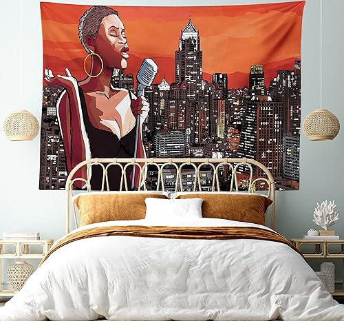 Miniatura 5 de Ambesonne Tapiz africano, cantante de jazz en el techo de Nueva York, paisaje urbano, música urbana, ilustración de ciudad popular, colgante de