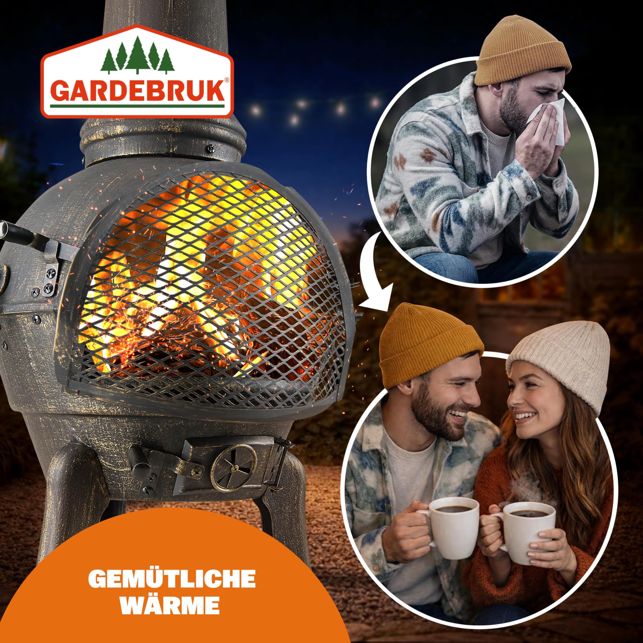 GARDEBRUK Terrassenofen Gusseisen 28kg Funkenschutz | Holz, 112cm, Garten, Terrasse, Outdoor, Wetterfest, Feuer, Kamin