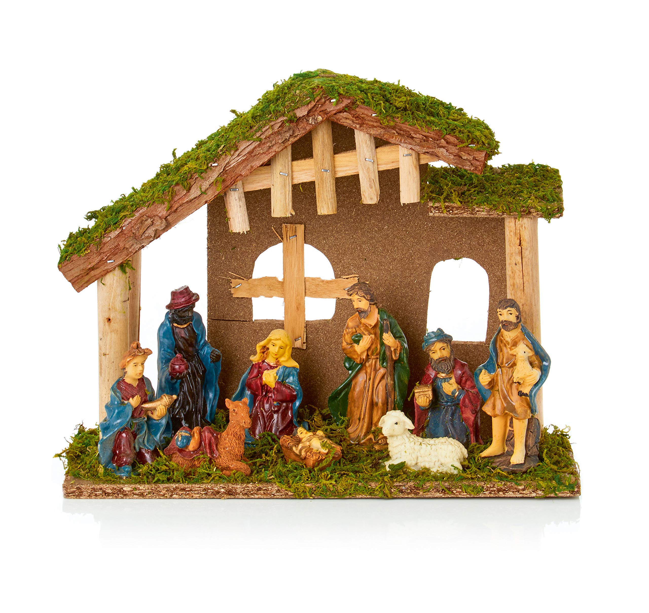 Premier Crèche de Noël en bois de 30 cm avec 9 personnages en polyrésine