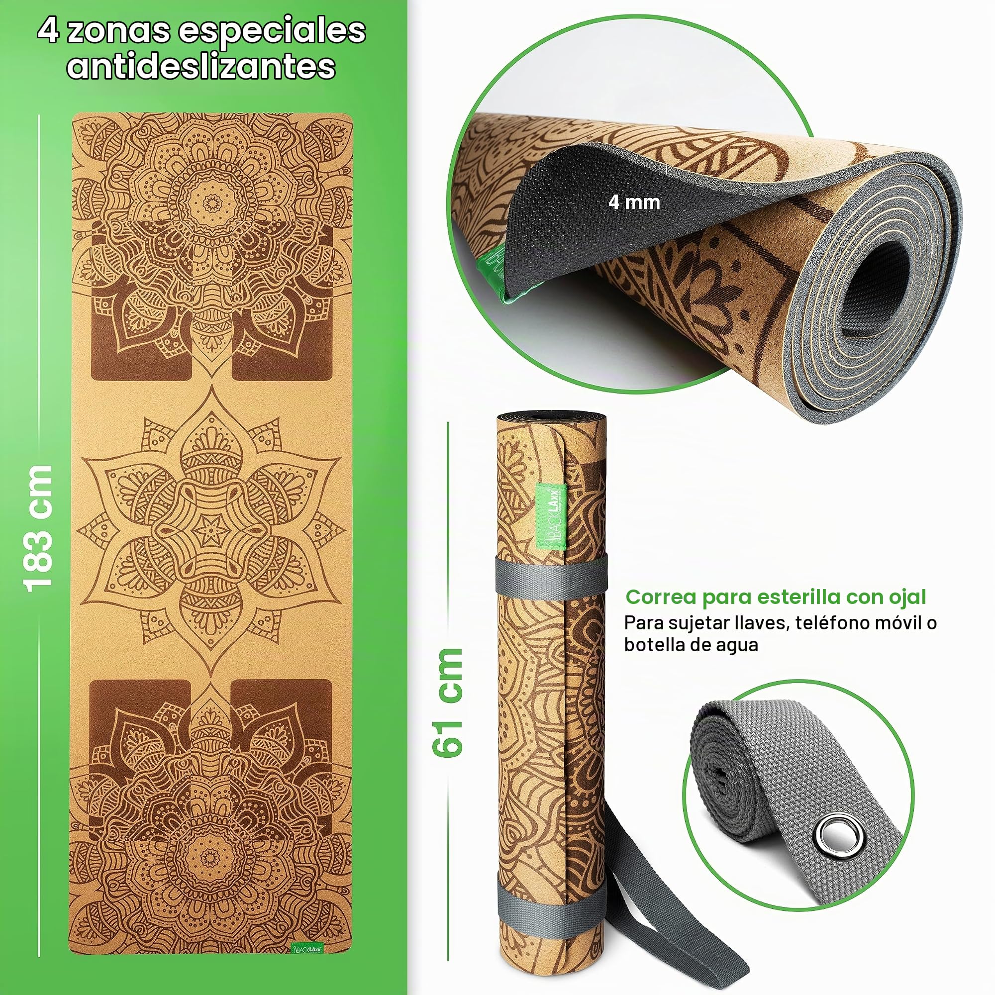 BACKLAxx ® Esterilla yoga de corcho con caucho natural – Esterilla yoga antideslizante libre de contaminantes con zonas antideslizantes – incl. correa de estera y videos de aplicación – Yoga mat
