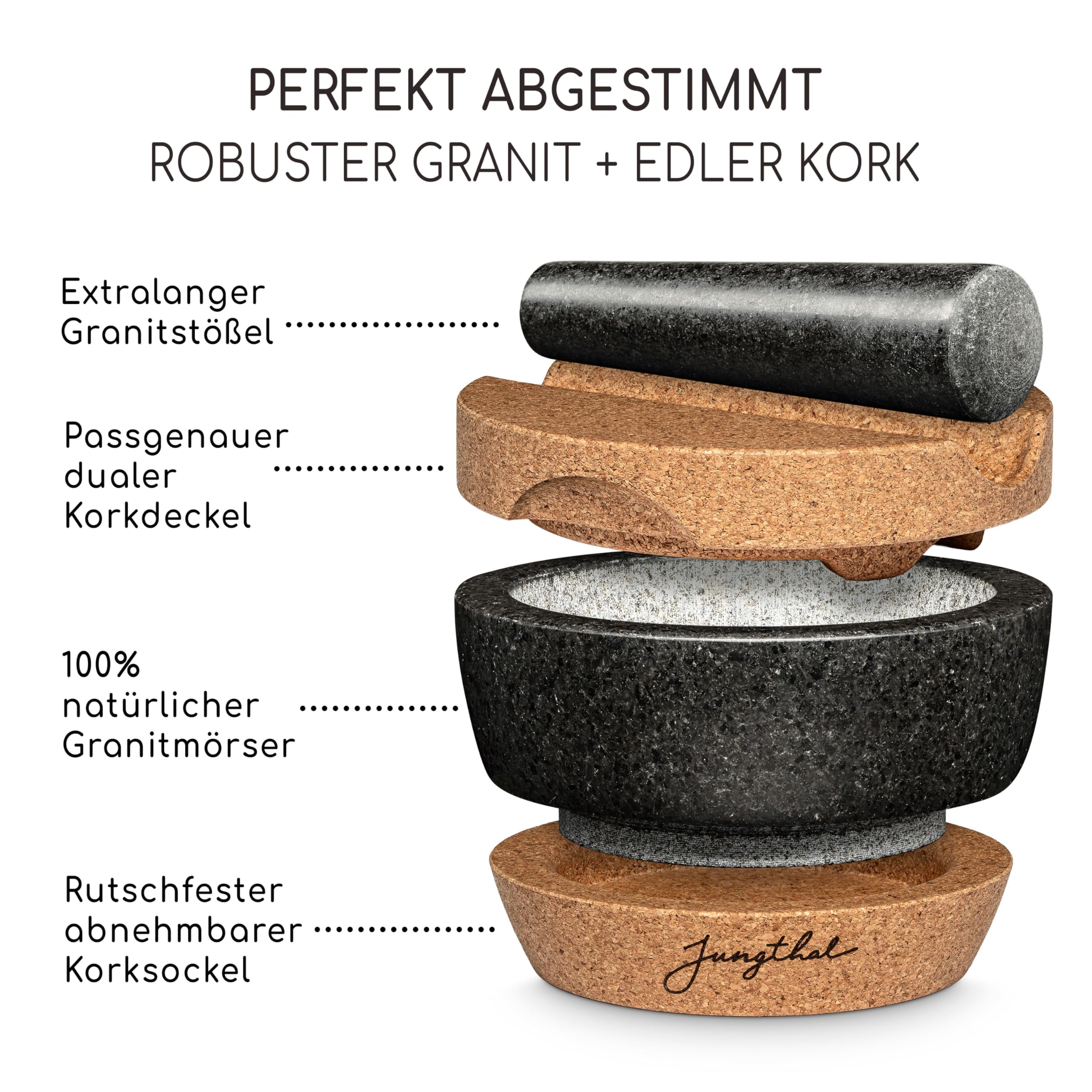 Mörser mit Stößel im Set | Granit + Kork in prämiertem Design | Natürlich, edel und 100% rutschfest | Ø 16 cm groß | Steinmörser für Kräuter und Gewürze | Mortar & Pestle