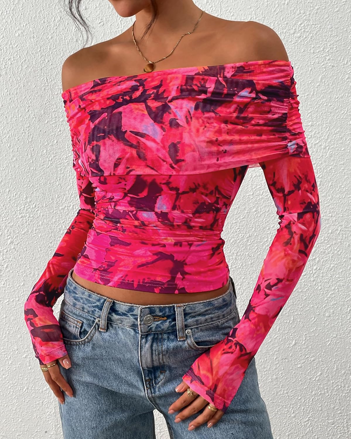 PRETTYGARDEN Womens Tops 2026 Spring Off The Shoulder Long Sleeve Fitted Y2k Shirts Floral Ruched Mesh Going Out Outfits - Image 3
