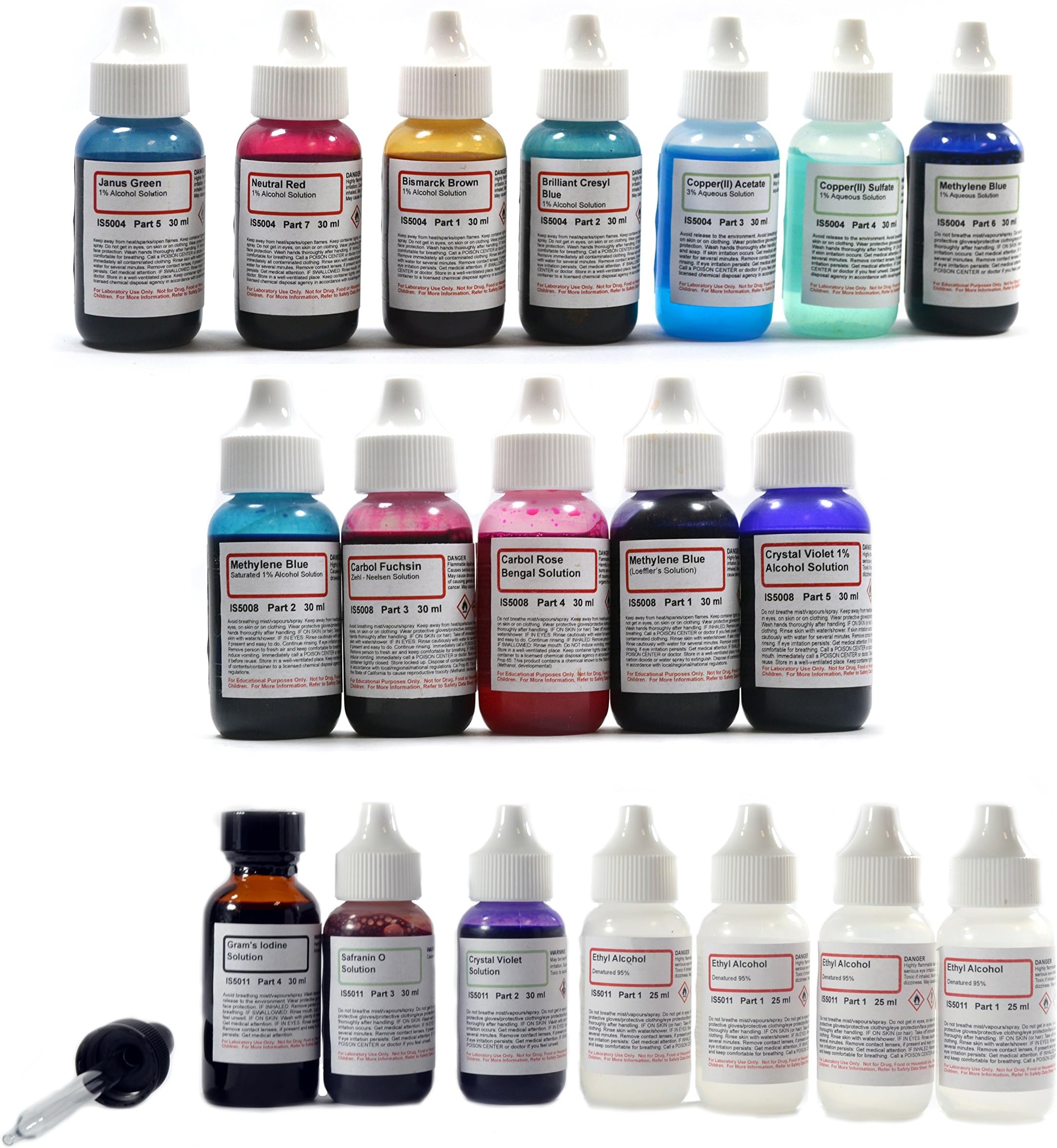 ALDON Innovating Science Complete Microscope Slide Stains Kit - 19 Chemicals in 30mL Dropper Bottles - Includes Vital Stains (7), Bacteria Stains (5), Gram Stains (7) & Instruction Manual
