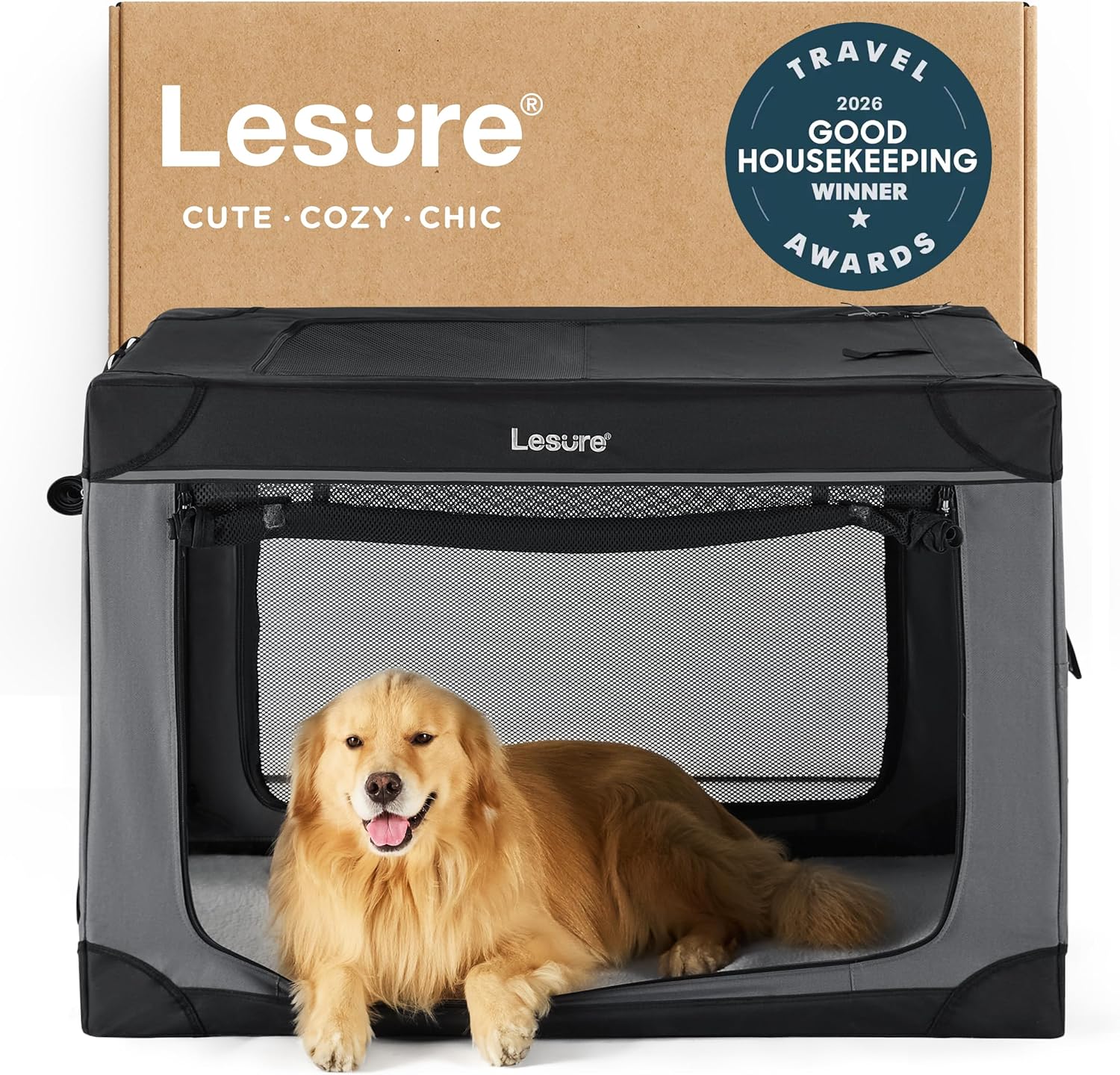 Lesure 42 Inch Soft Collapsible Dog Crate for XL Dogs - Portable 4-Door Travel Kennel with Mesh Windows, Foldable Indoor/Outdoor Pet Crate, Black