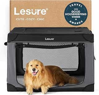 Lesure 42 Inch Soft Collapsible Dog Crate for XL Dogs - Portable 4-Door Travel Kennel with Mesh Windows, Foldable Indoor/Outdoor Pet Crate, Black