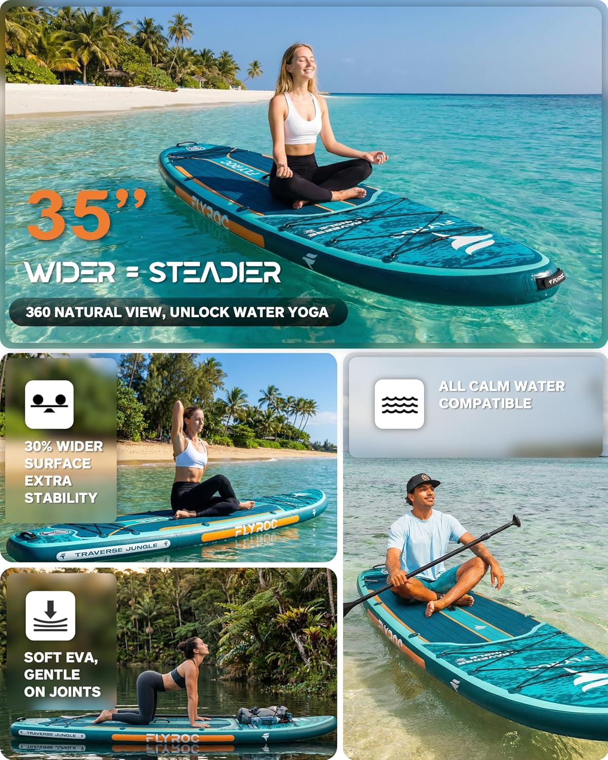 11'6x35'' Extra Wide Inflatable Paddle Board, 450lb Capacity Stand Up Paddle Board for Adults (x3), Stable Inflatable SUP, All Skill Levels, 3 Handles, 100L Backpack, 3PCS Paddle, 5L Dry Bag