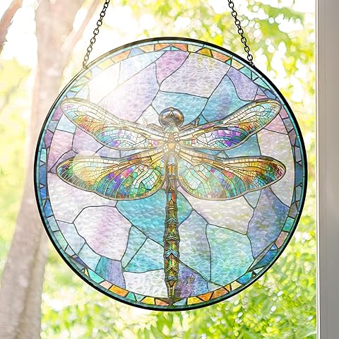FLAGWIX Christmas Dragonfly Gifts for Women Men - Stained Glass Window Hanging 8 in - Dragonfly Garden Decor for Yard Decorations Outdoor, Sun Catchers Window Ornament for Home Christmas Decorations