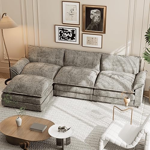 Shahoo Sofá modular modular en forma de L de tela de felpilla con esponjas suaves y de alto apoyo y otomana extraíble, cómodo mueble tapizado para