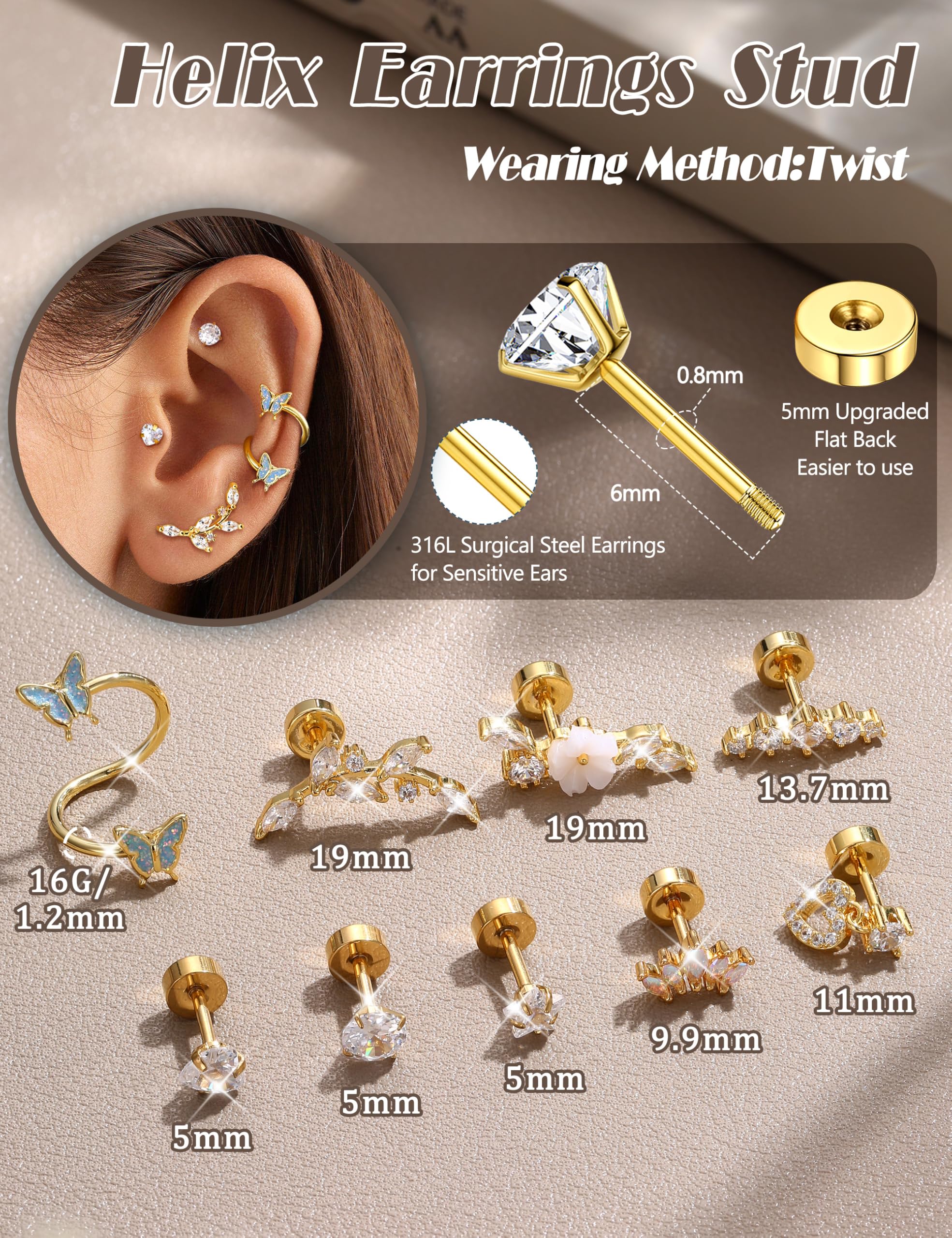 Adramata 9 sztuk 16 g kolczyk do uszu dla kobiet stal chirurgiczna ucho zestaw tragów chrząstki helix kolczyk motyl wąż kwiat ucho biżuteria z tragiem Helix, muszla Metal Stal stopowa, Cyrkonia
