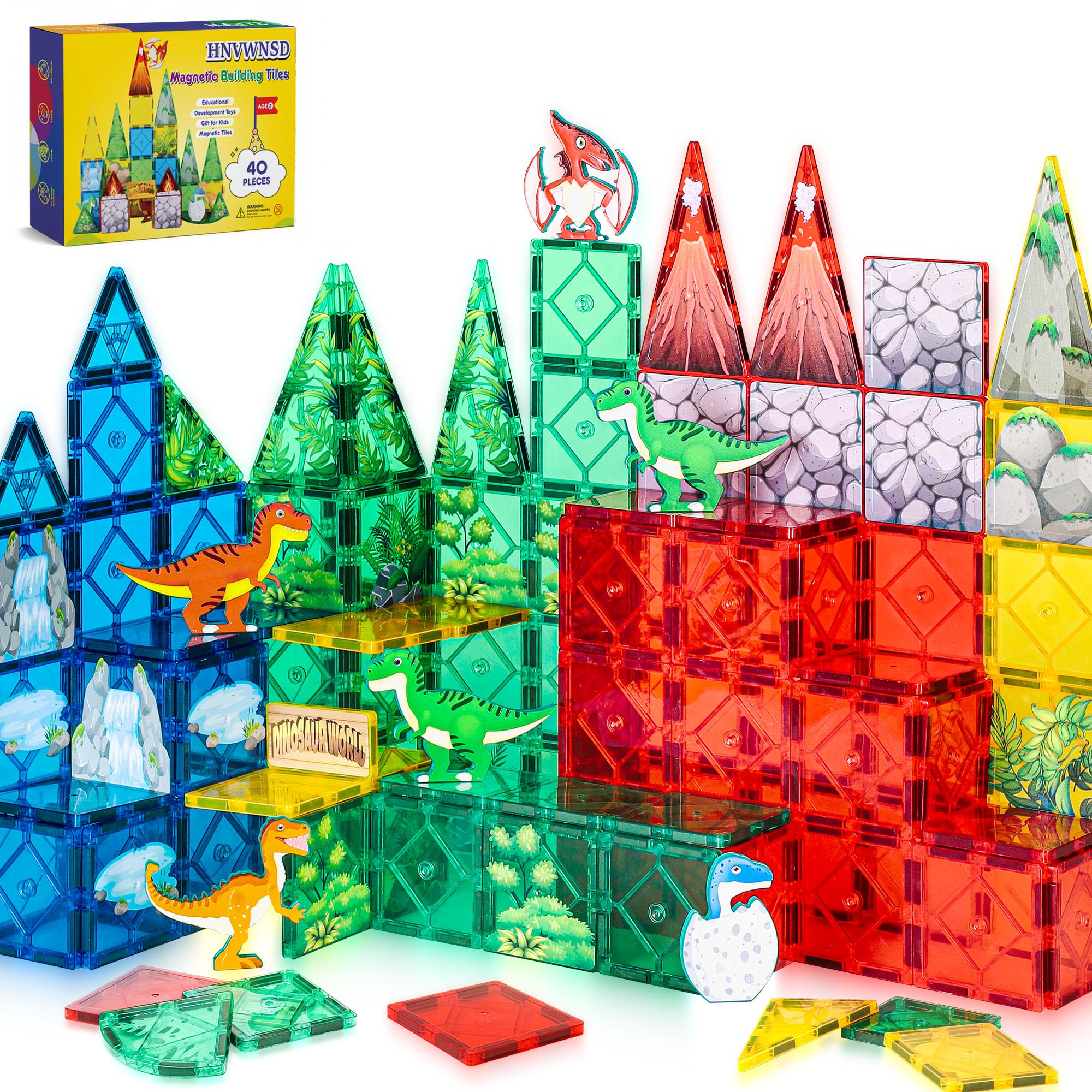 Dinosaur Magnetic Tiles Building Blocks Toys, STEM Educational Sensory Toys with Movable Dinos
