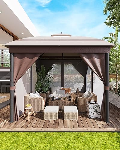 Miniatura 6 de GARVEE Cenador de patio de 10 x 10 pies, cenador al aire libre con barras de refuerzo de techo, cortinas de red y techo doble, adecuado para