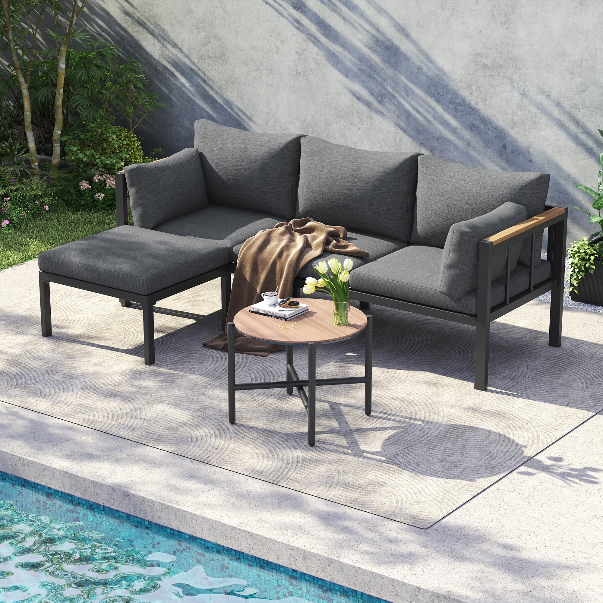 Conjunto Jardin Exterior 3 Piezas Muebles Jardin Exterior con Sofá de 3 Plazas, Banco y Mesa, Mesa y Sillas Terraza con Cómodos Cojines, Mesa y Sillas Terraza Exterior Muebles de Jardín, Gris