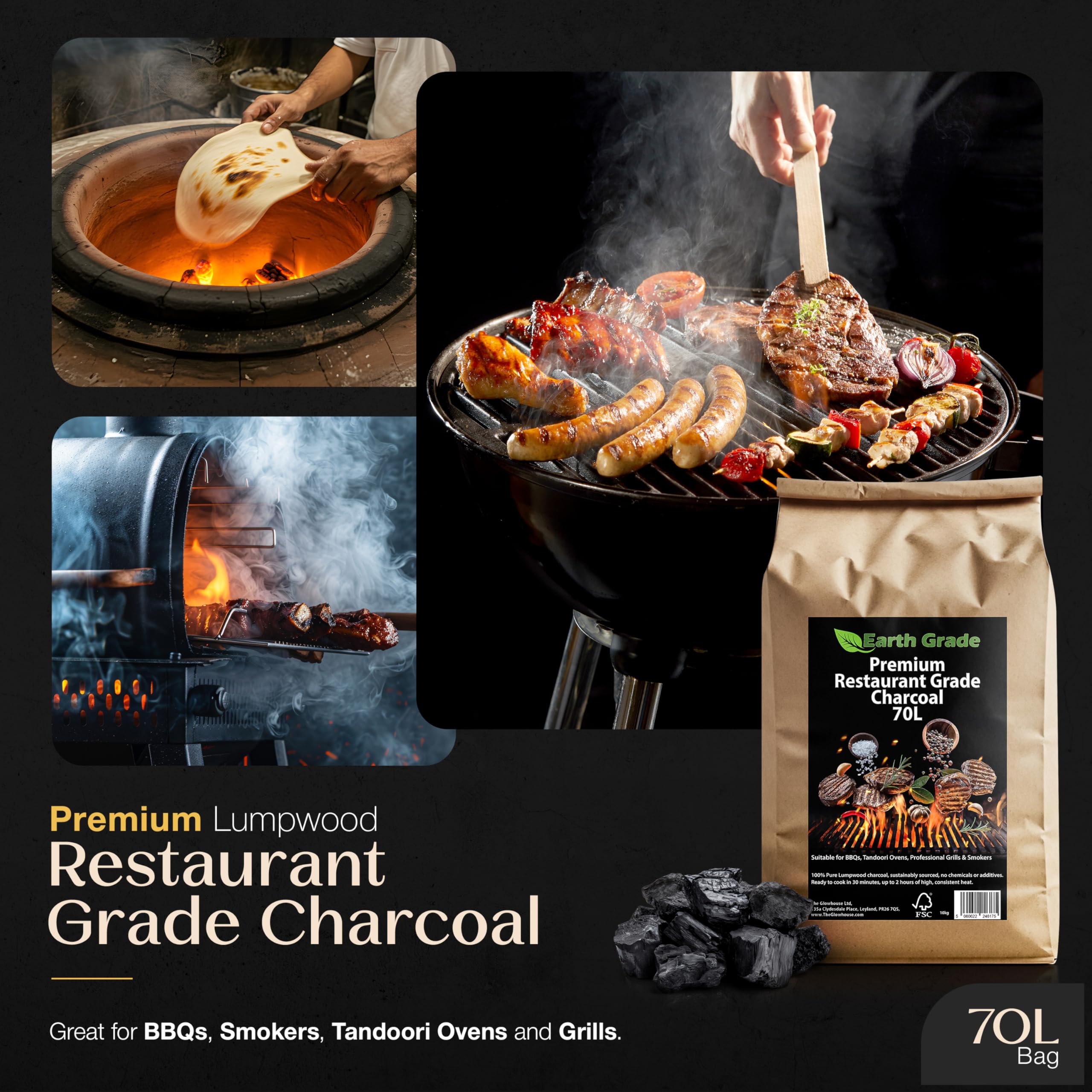 Charbon de bois de qualité restaurant 70 L – Bois de bois de lompon durable | Éclairage rapide, faible cendre, haute puissance de chaleur | Compatible barbecue, grill, fumoir et Kamado | Bois dur 100