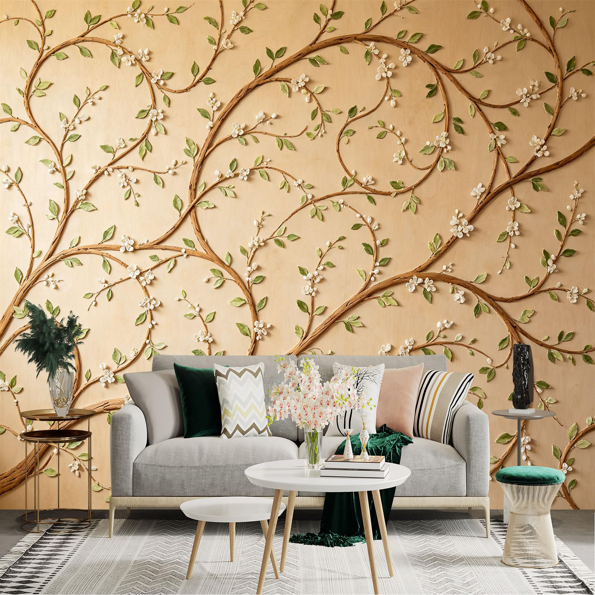 Lnzczhyre Dbh260521147 Custom Size Wall Sticker Mural， Elegant White Blossom Branches， Woven Floral Vines， Delicate Botanical Art， Minimalist Nature Design， For Wall Decoration， Peelandstick Wall Decals.