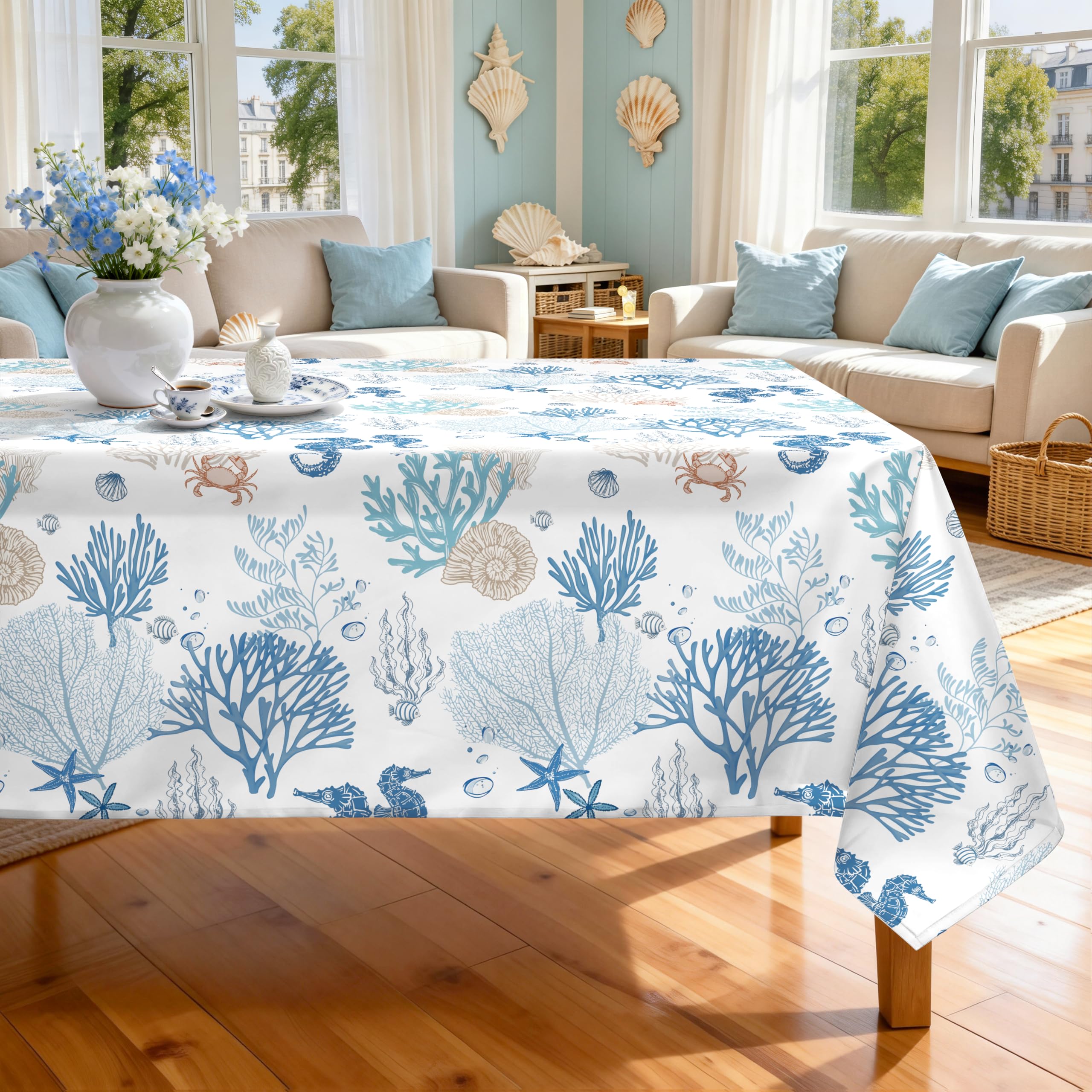 Arquiel Nautical Coastal Polyester Table Cloth Washable Summer Sea Coral Tablecloth Rectangle, 152 x 213 cm, Decorative Table Cover for Family Dinners, Everyday Use and Parties, Patio Dining โ image 1