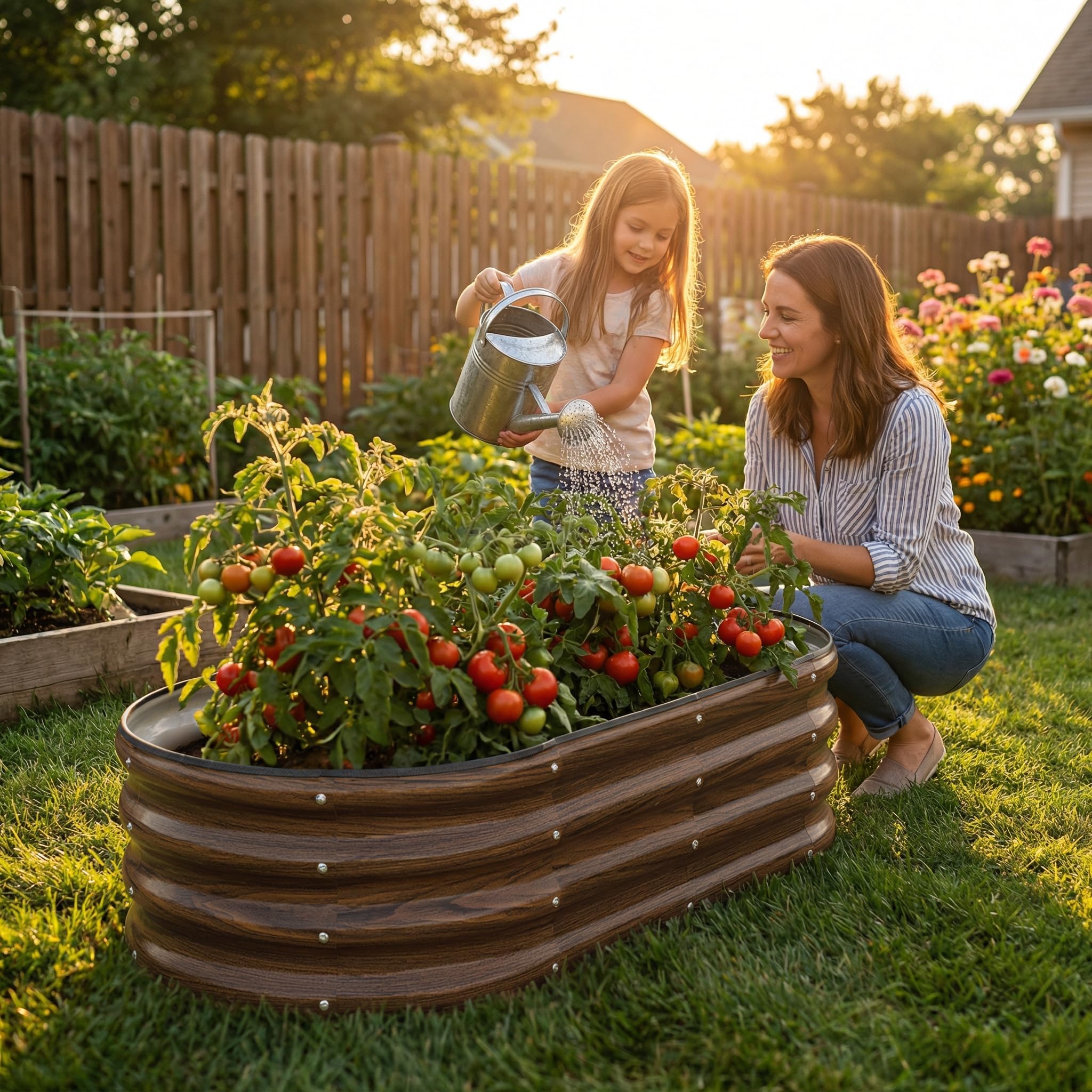 Close-up of the oval galvanized steel panel on the SnugNiture raised garden bed, showcasing its textured finish.