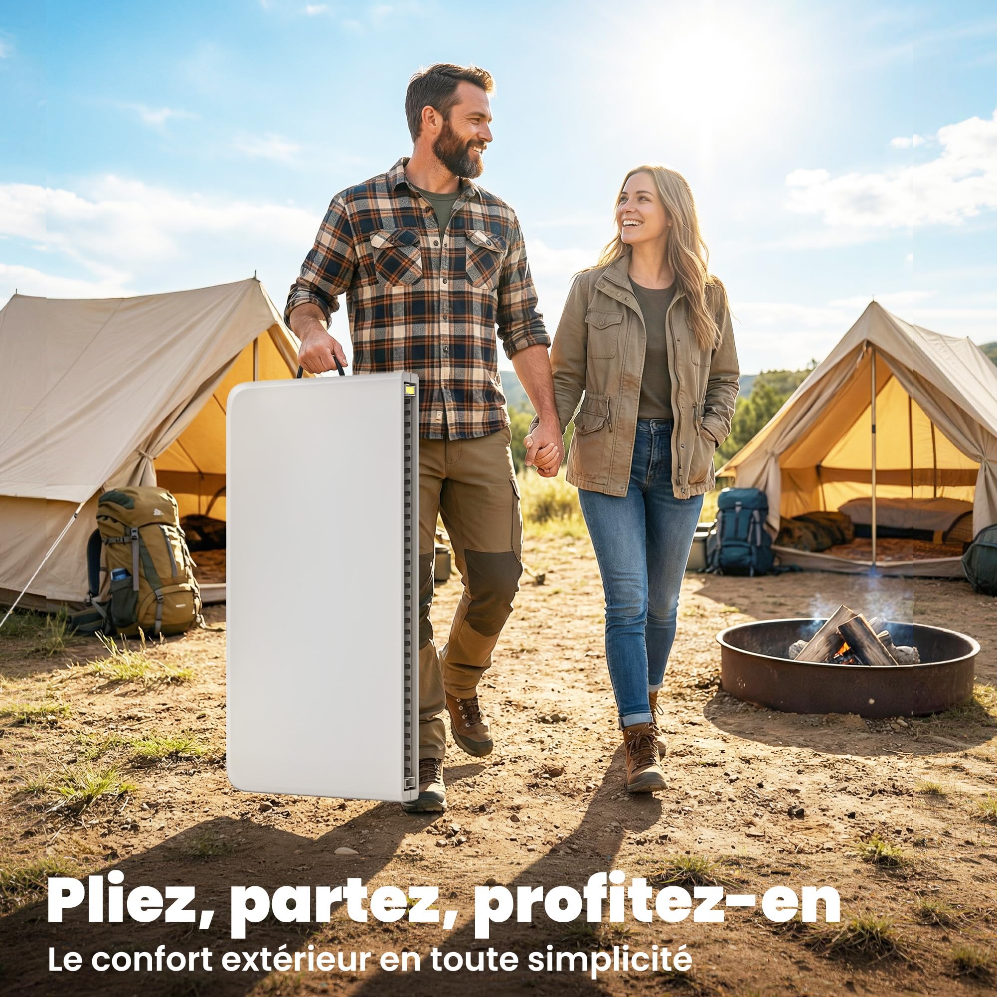 Outsunny Table Pliante en HDPE, Table de Camping Pliante carrée 86 x 86 x 74 cm, avec Une poignée, Hauteur réglable, pour intérieur/extérieur, pour la terrasse, Le Camping, la Plage, Blanc