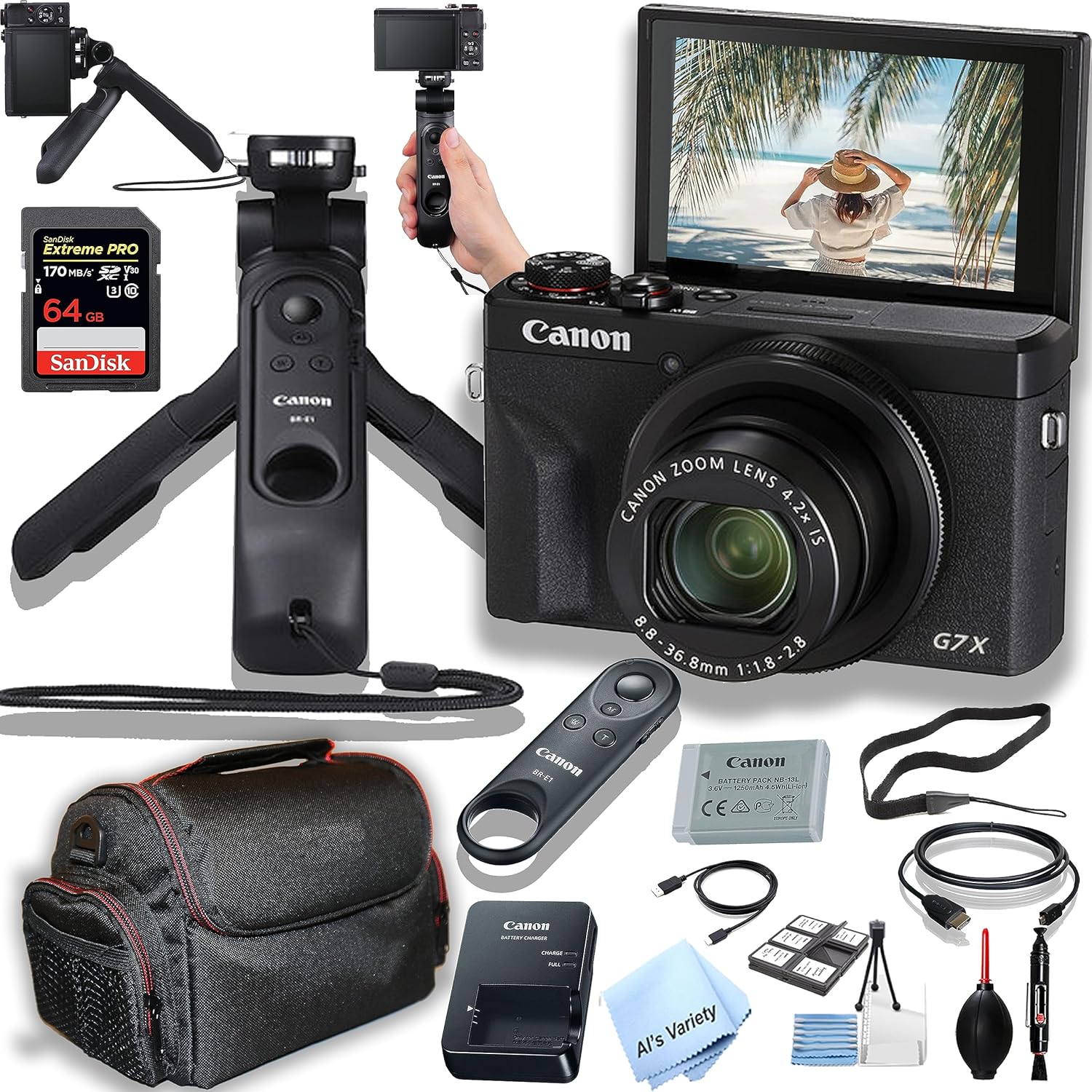 Canon PowerShot G7 X Mark III Digital Camera + 64GB Extreem Speed Memory, HG-100 Stabilizong Grip W/BR-E1 Remote, Case, and More (Vlogging Bundle) (Renewed)