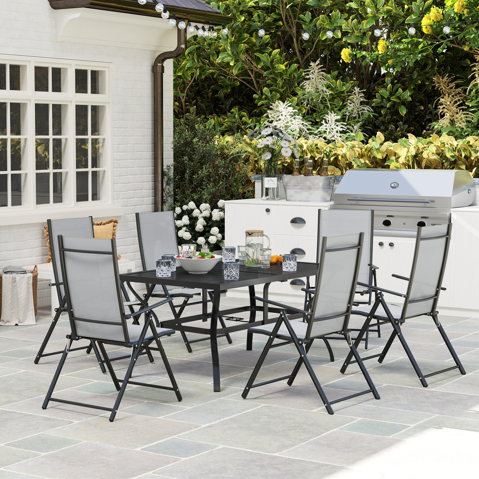 Outsunny Set Tavolo e Sedie da Giardino da 7 Pezzi Rettangolare Grigio | Tavolo da Pranzo con Foro per Ombrellone, 6 Sedie Pieghevoli da Esterno con Schienale Alto, in Acciaio