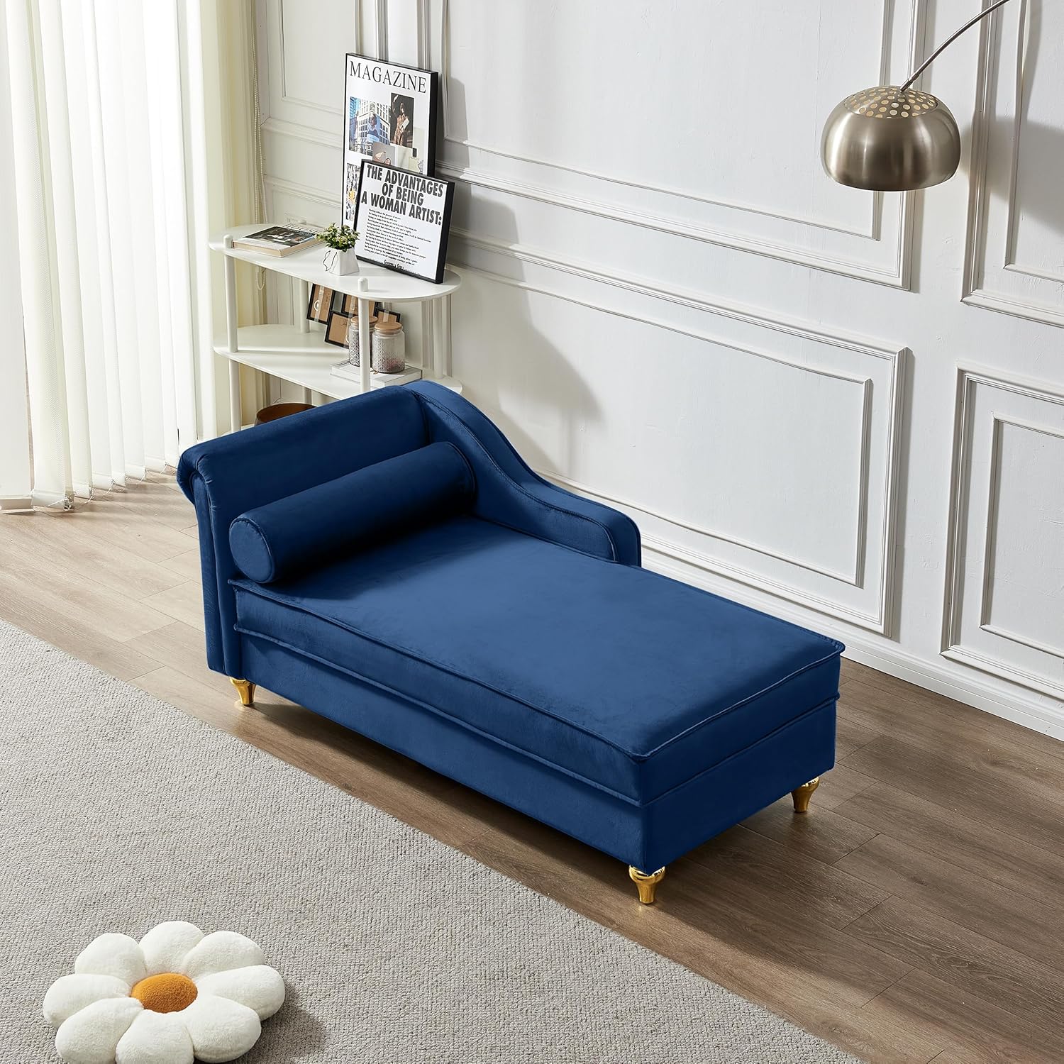 60.6"Modern Storage Chaise Lounge Indoor,Velvet Upholstery Sofa Chair with1 Toss Pillows,Upholstery Lounge Sofa with Gold Metal Legs For Small Apartment,Living Room,Office,Reception Area,Navy Blue