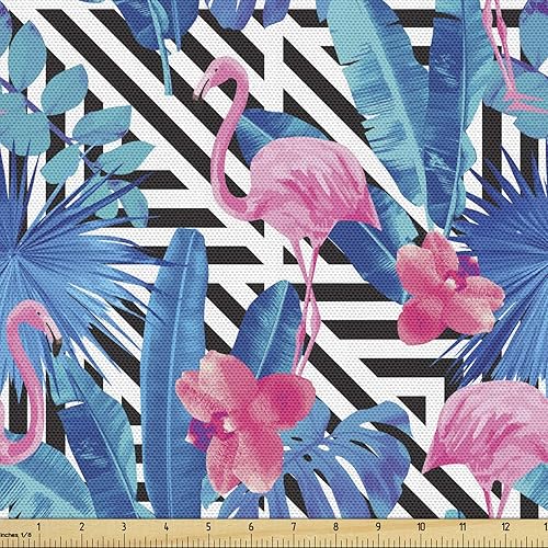 Miniatura 75 de Ambesonne The Yard, tela de mariquitas de The Yard, flores exóticas hibisco hawaiano follaje ilustración botánica flor de primavera, tela