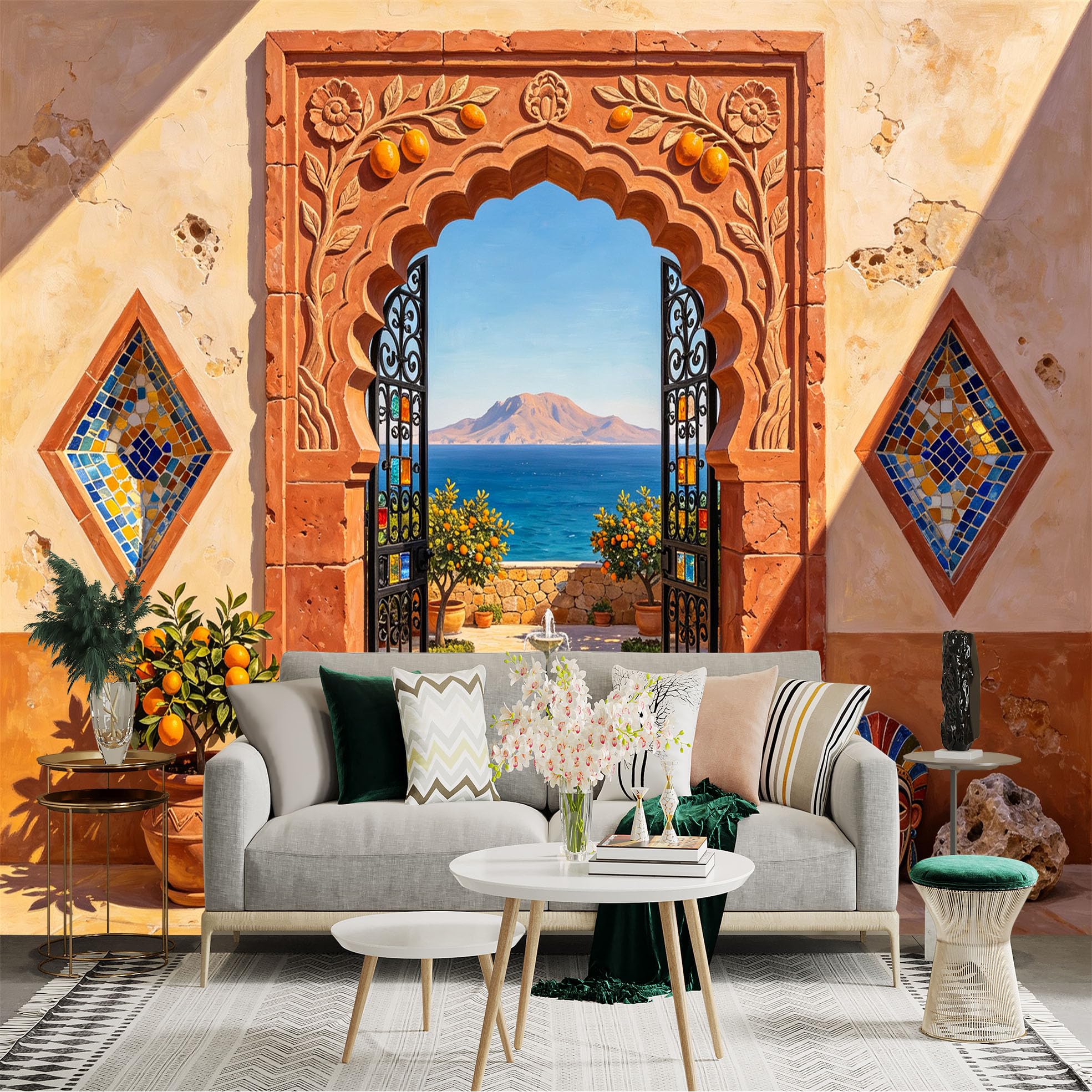 Custom Size Wall Sticker Mural， Mediterranean Courtyard Archway， Sea View， Mosaic Window and Fountain， for wall Decoration， peelandstick wall Decals.