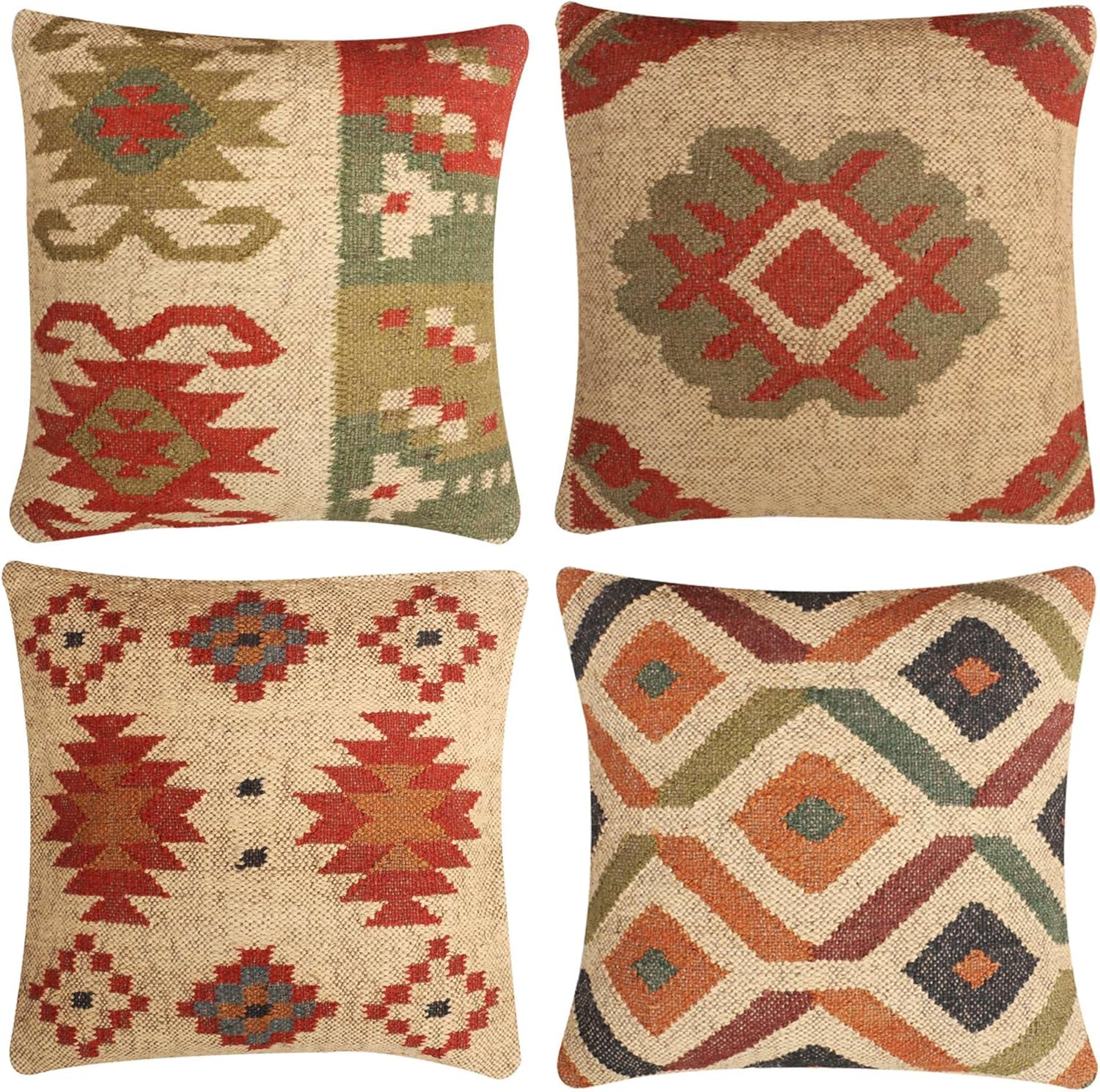 Set of 4 Wool Jute Vintage Kilim Cushion Covers,Home Decor Pillowcases Handwoven Turkish Pillow Decorative Throw Pillow Covers (Multicolor-11)