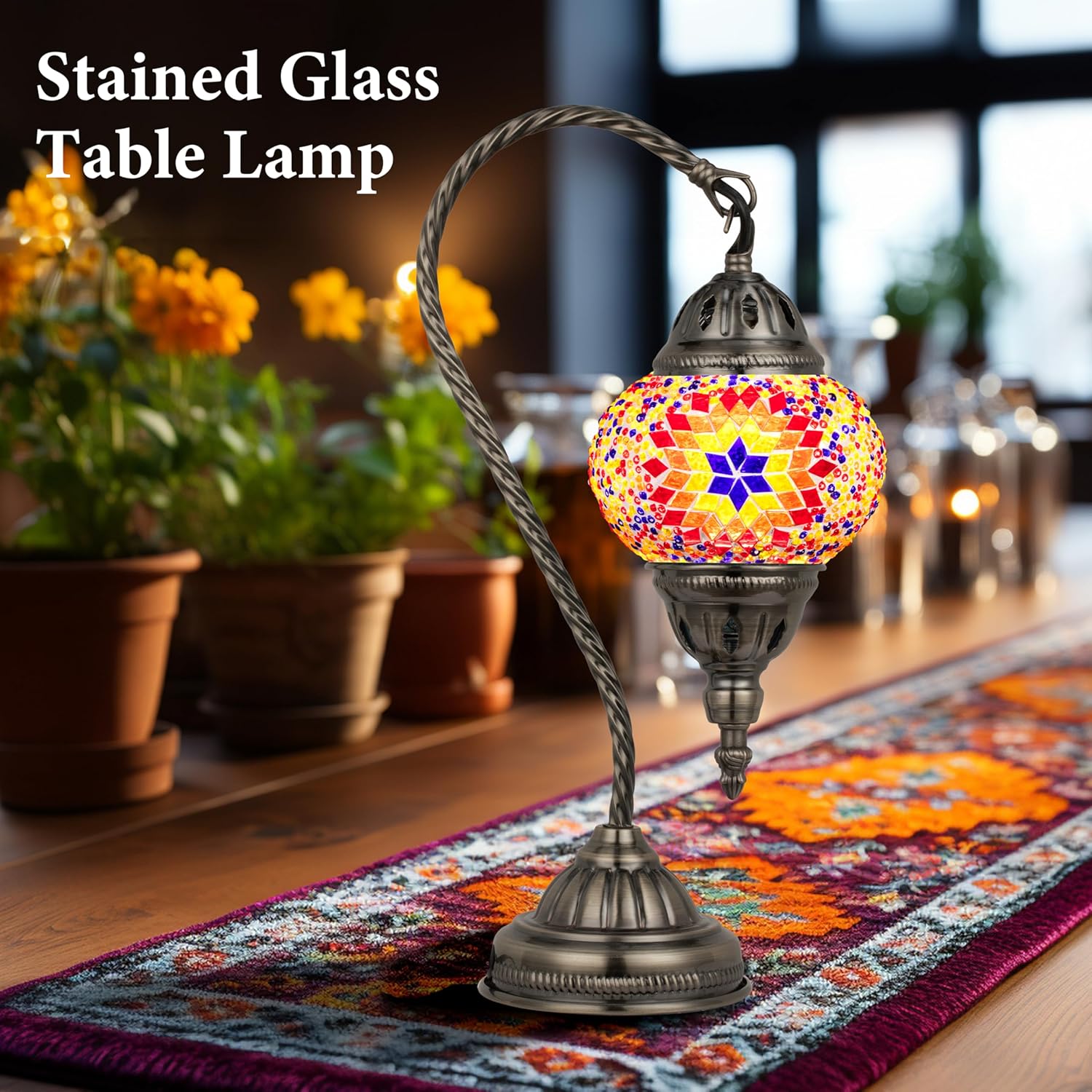 Marrakech Tiffany Lamp Turkish Table Lamps with Vintage Style, Handmade Moroccan Mosaic Lamp with Swan Neck Bronze Base Including LED Bulb for Living Room Bedroom Decor (Orange)