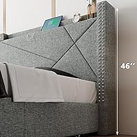 Vista 7 de iPormis Base de cama King con 4 cajones de almacenamiento, base de cama tapizada con puertos tipo C y USB, base de carga con respaldo y cabecera