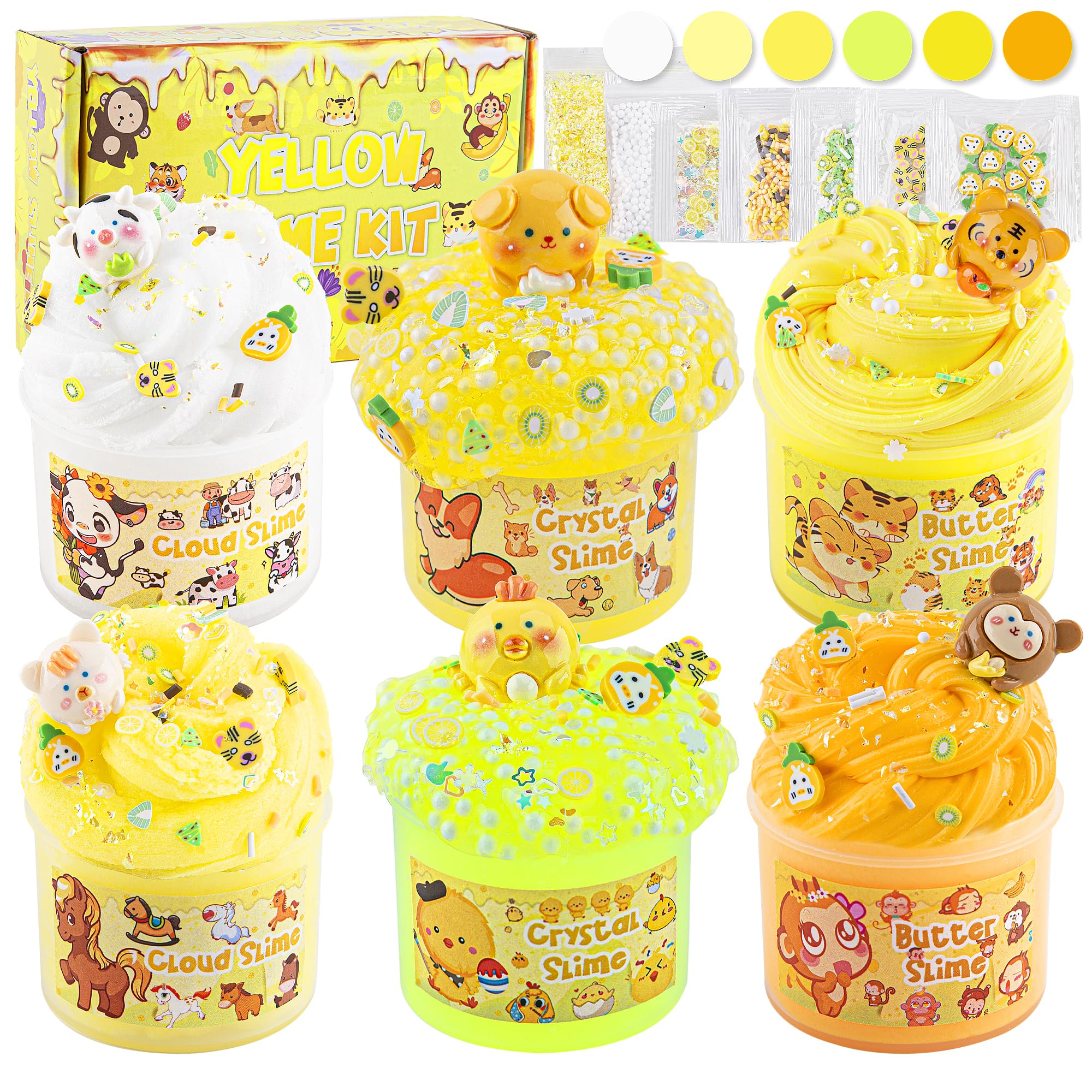 6 Packs Gradient Yellow Slime Kit - Cloud Slime, Butter Slime & Clear Slime, Crunchy Slime for Kids with Various Slime Add-ins, Non Stick Slime Party Favors for Girls & Boys, 360ml Kids Slime(Animal)