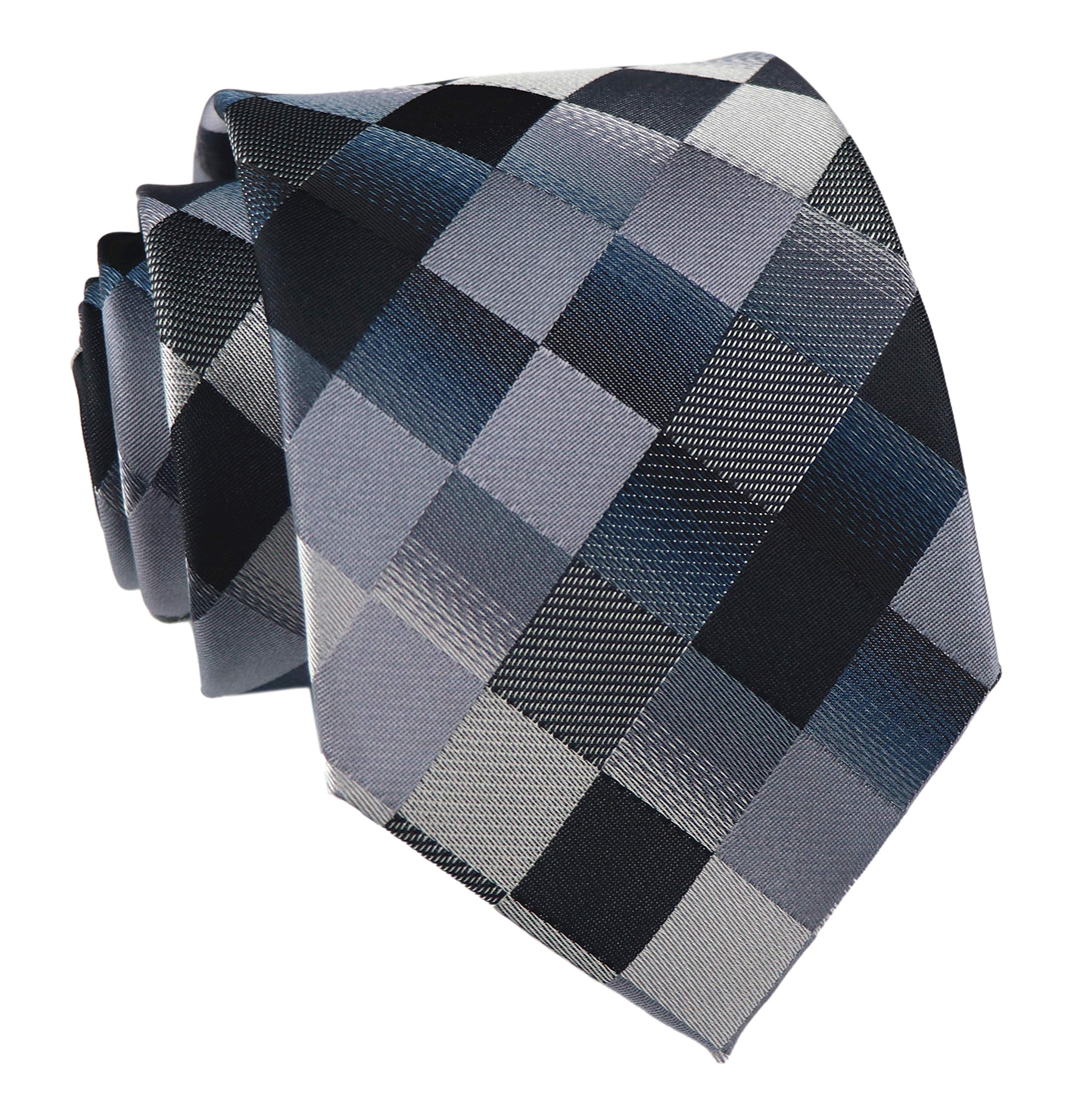Secdtie Men's Classic Checks Dark Blue Grey Jacquard Woven Silk Tie Necktie