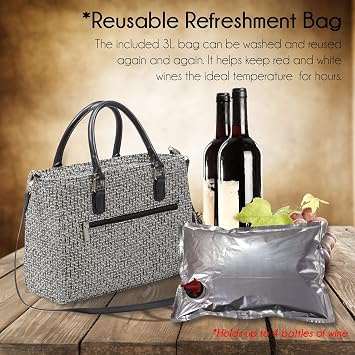 Primeware Insulated Drink Purse w/ 3L Bladder Bag | Thermal Hot and Cold Storage | Portable Drinking Dispenser for Wine, Cocktails, Beer, Alcohol | PU Leather Finish (Black Tweed)