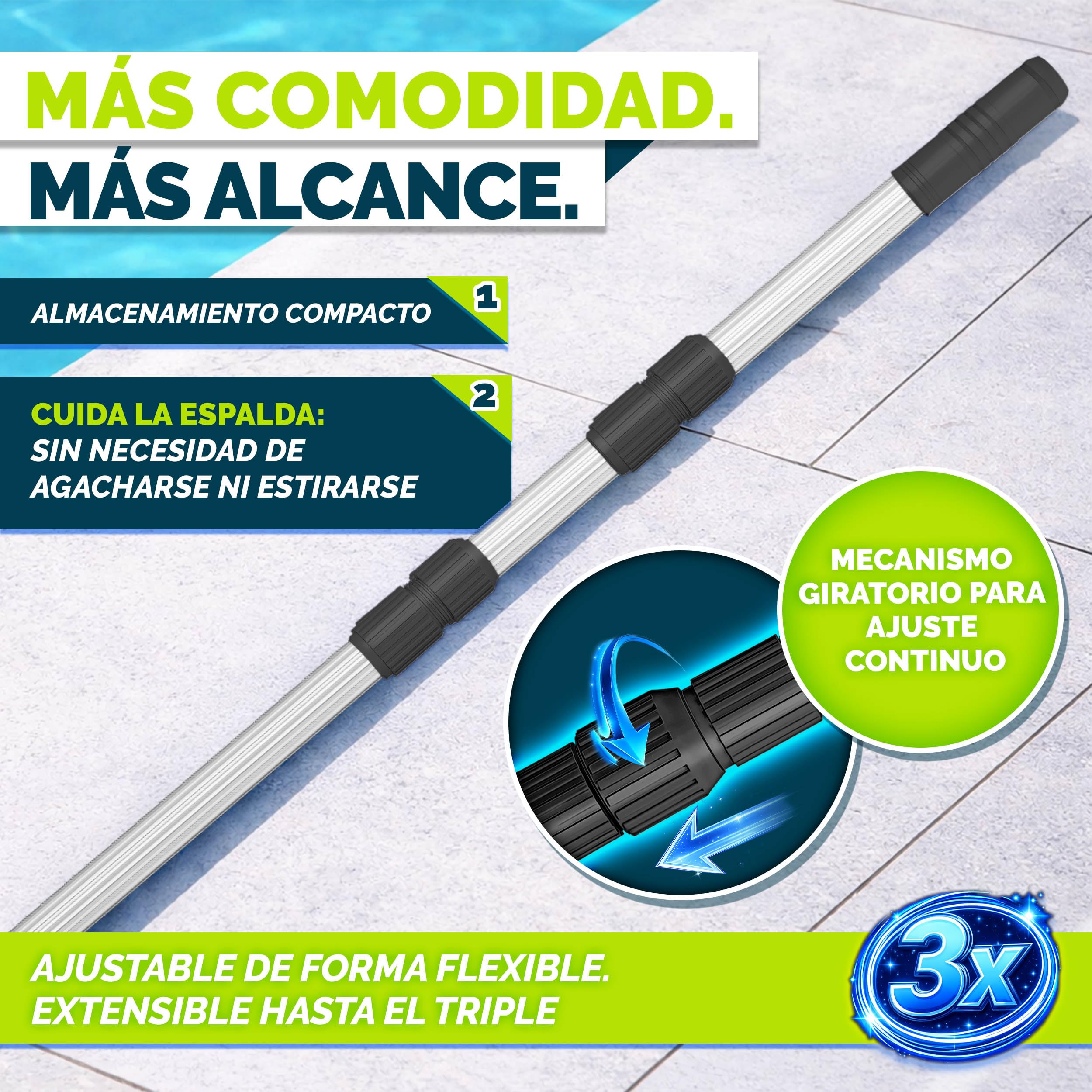 tillvex Barra telescópica para Piscina 1,20-3,60 m, Barra de Piscina de Aluminio, Barra para Limpieza de Piscinas, 3 Piezas