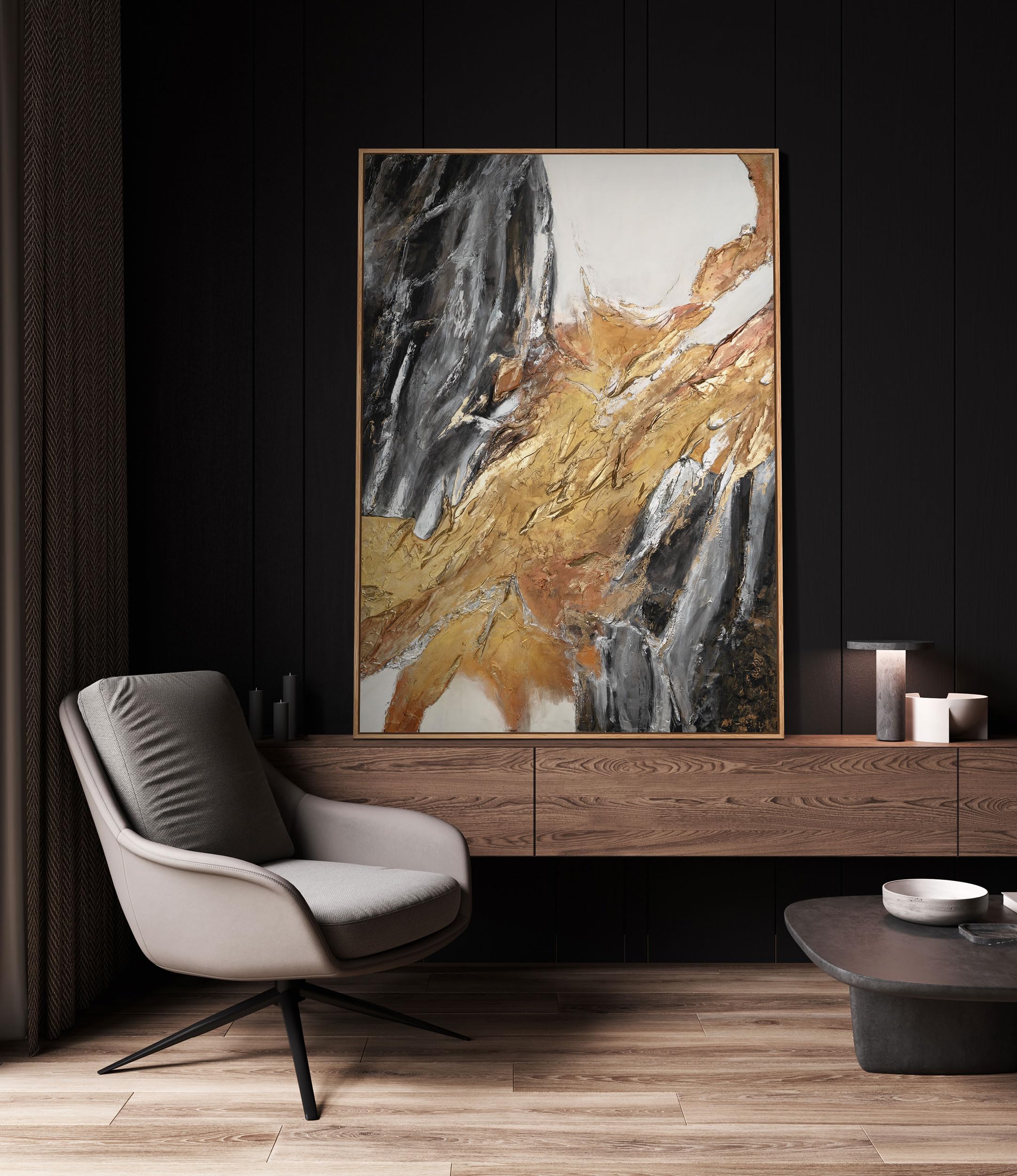 YS-Art Quadro Astratto Moderno Oro Nero e Bianco Dipinto a Mano su Tela con Texture Materica per Soggiorno Camera da Letto Ufficio 140x100 cm