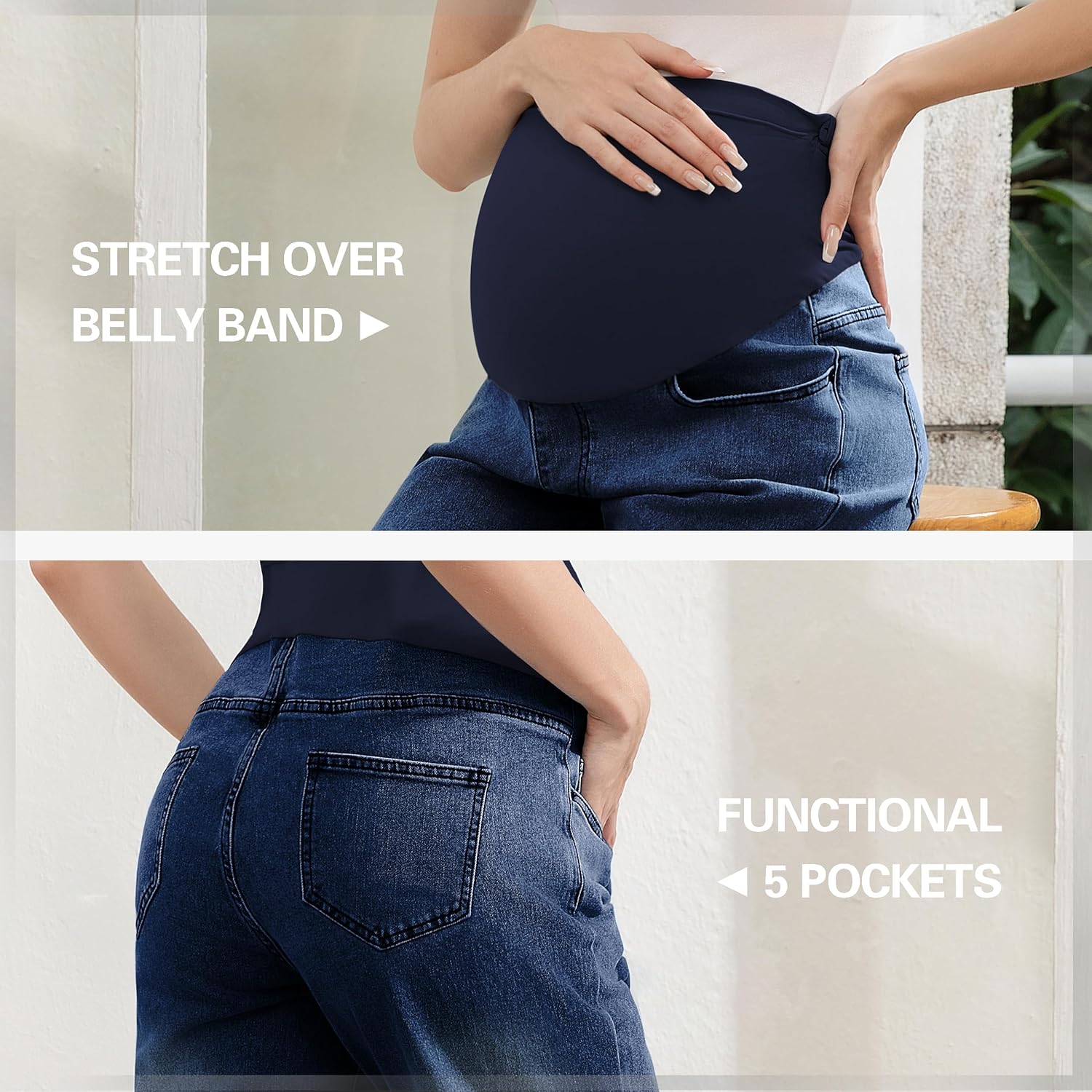 Women's Maternity Jeans Over Belly, Loose Pregnancy Pants with Pockets, Comfy Stretch Boyfriend Jeans - Image 4