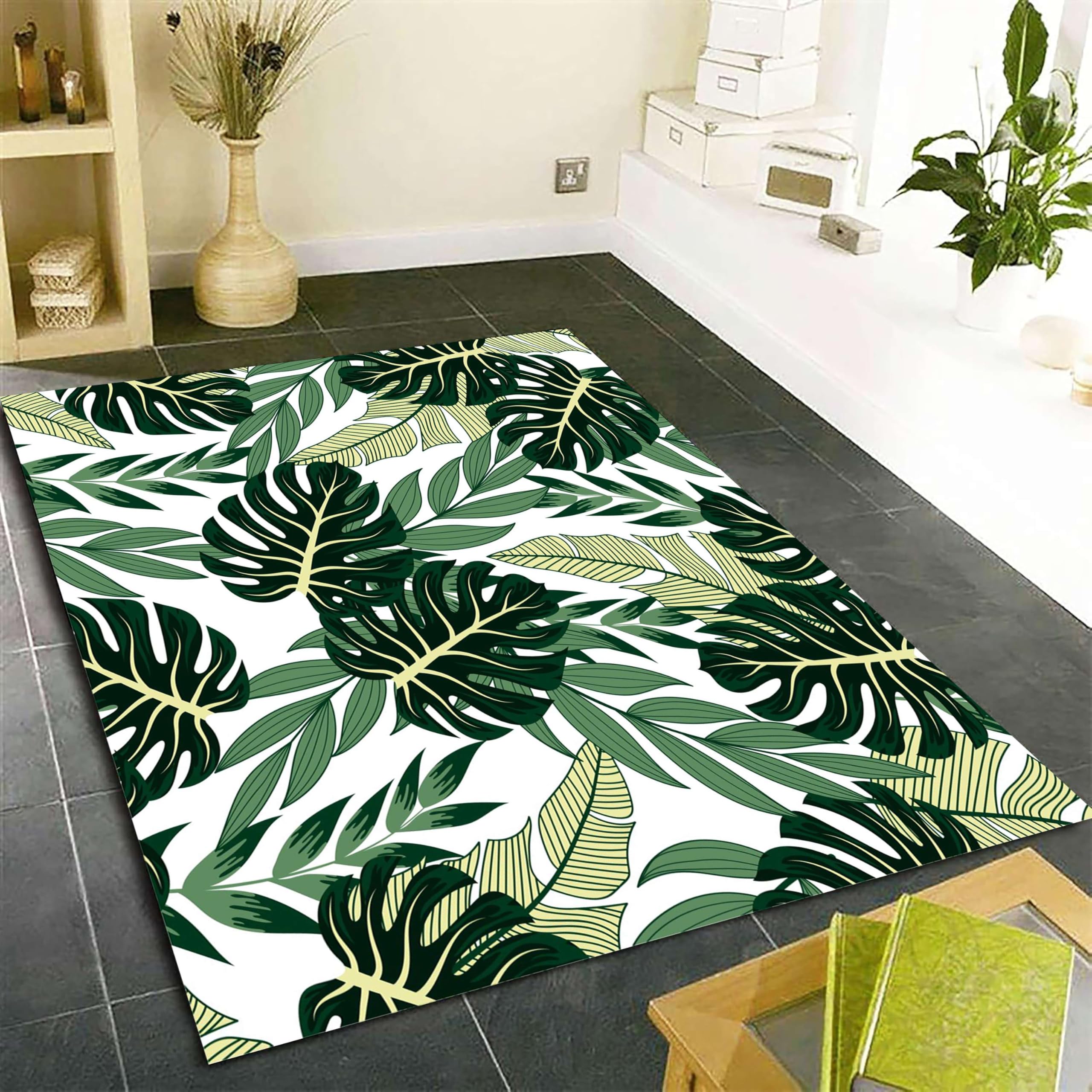 SOJAWA Green Plant Area Rug, 60x110cm Tropical Rainforest Plant Leaf Large Rugs, Soft Non-Slip Room Decorative Floor Carpets, Suitable for Corridor Kitchen Dining Room Dormitory Carpet
