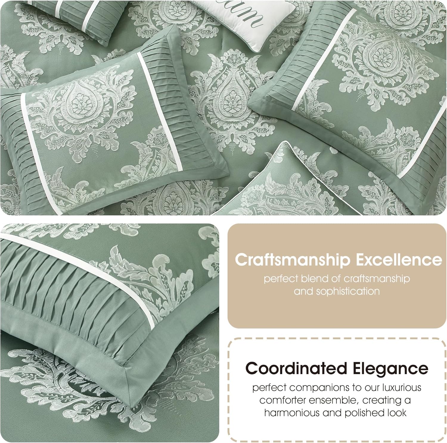 Grand Avenue Sage Comforter Set Queen, Elegant Patchwork Damask Jacquard Bedding Set, 15 Pieces Room in a Bag, Matching Bedskirt, Flat Sheet, Fitted Sheet, Pillow Shams, Curtains