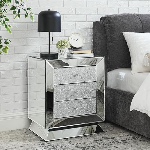 Miniatura 16 de SSLine Mesa auxiliar con espejo de 3 cajones, mesita de noche con espejo, mesa auxiliar de espejo con acabado plateado para dormitorio, sala de