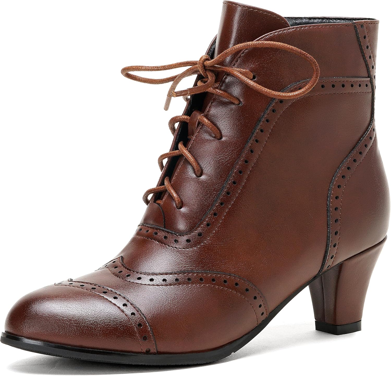 Short Ankle Boots Lace Up Booties for Women Side Zipper Victorian Boots Block Chunky Mid Heel