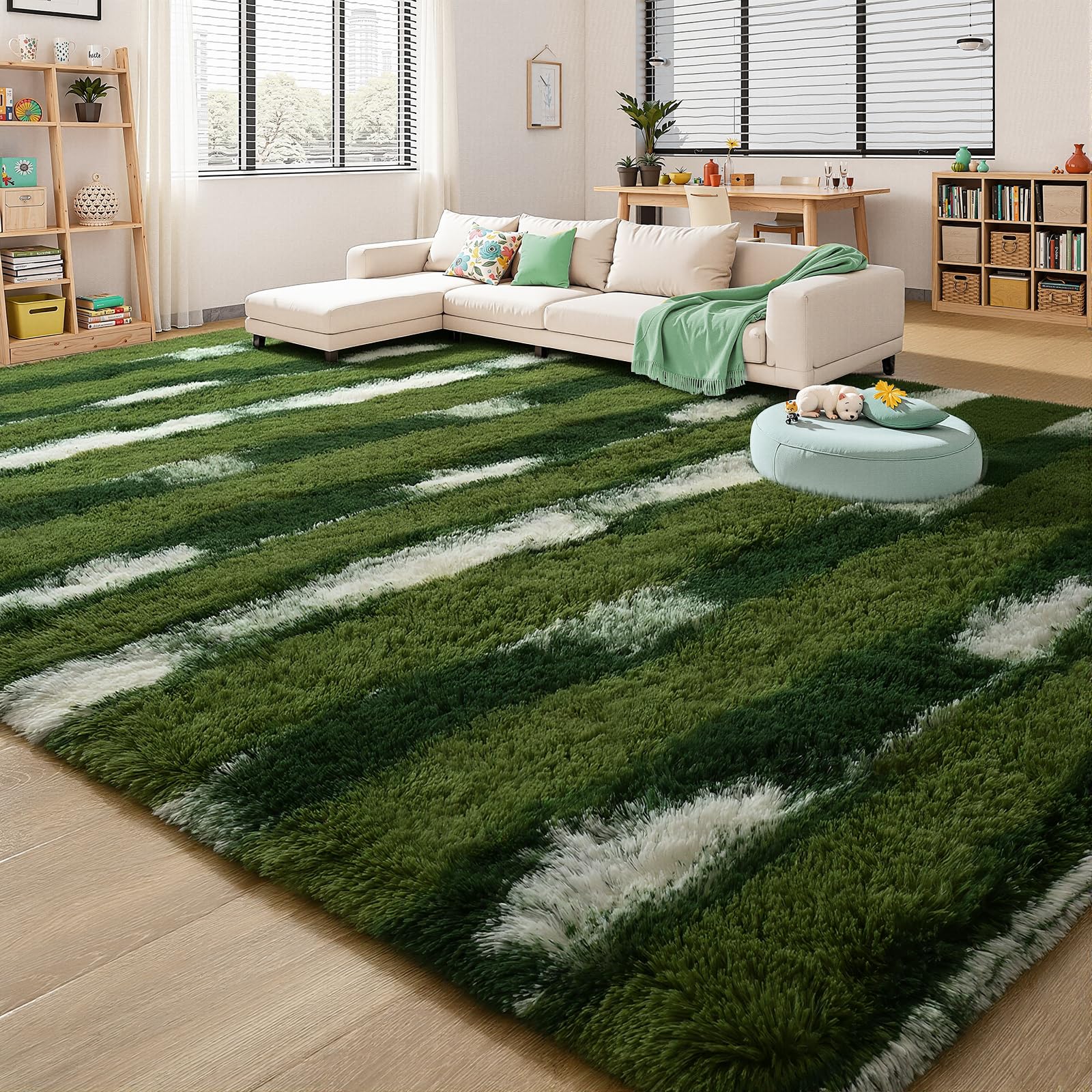 Tapis à poils longs lavable et antidérapant | Grand tapis de chambre vert et blanc