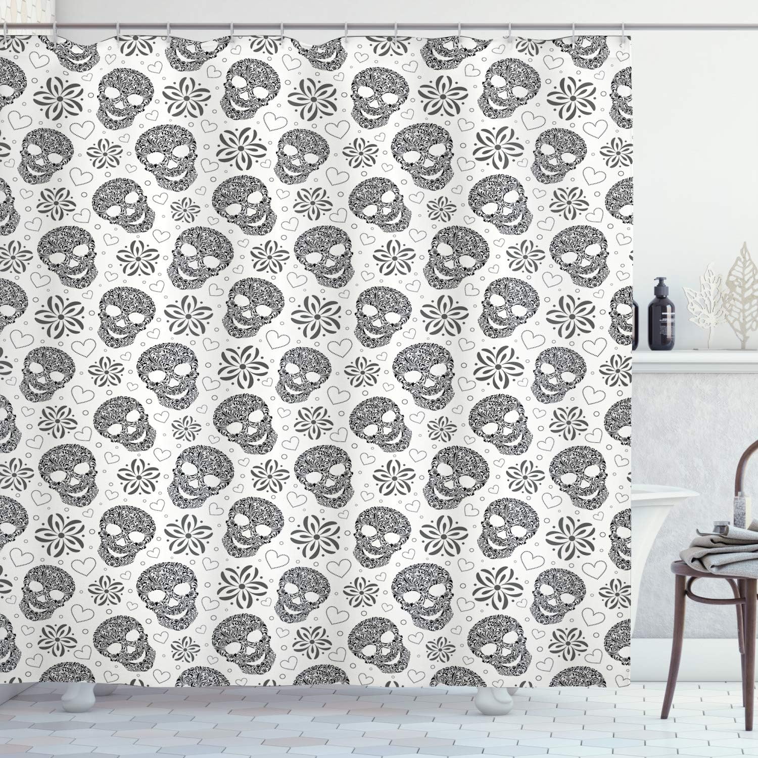 Ambesonne Skull Shower Curtain, Abstract Floral Skulls Daisies Hearts Circles Illustration Vintage Style Print, Cloth Fabric Bathroom Decor Set with Hooks, 69" W x 84" L, White and Black
