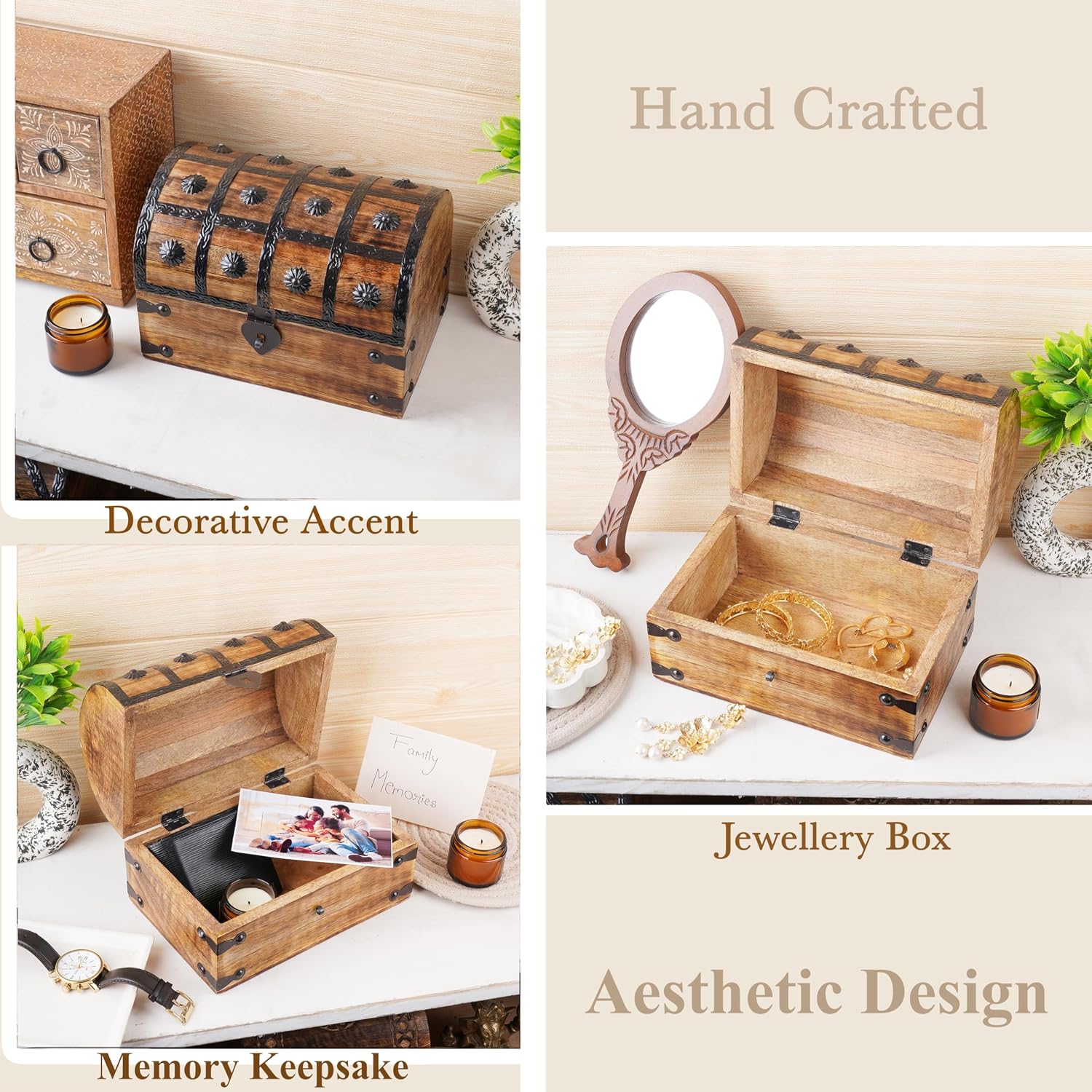 Ajuny Pirate Treasure Chest Wooden Keepsake Jewelry Box with Hinge 9x6 Inch Handmade Vintage Decorative Organizer with Shell Strips Design Perfect for Necklaces Earrings and Trinkets Gift Box image 2