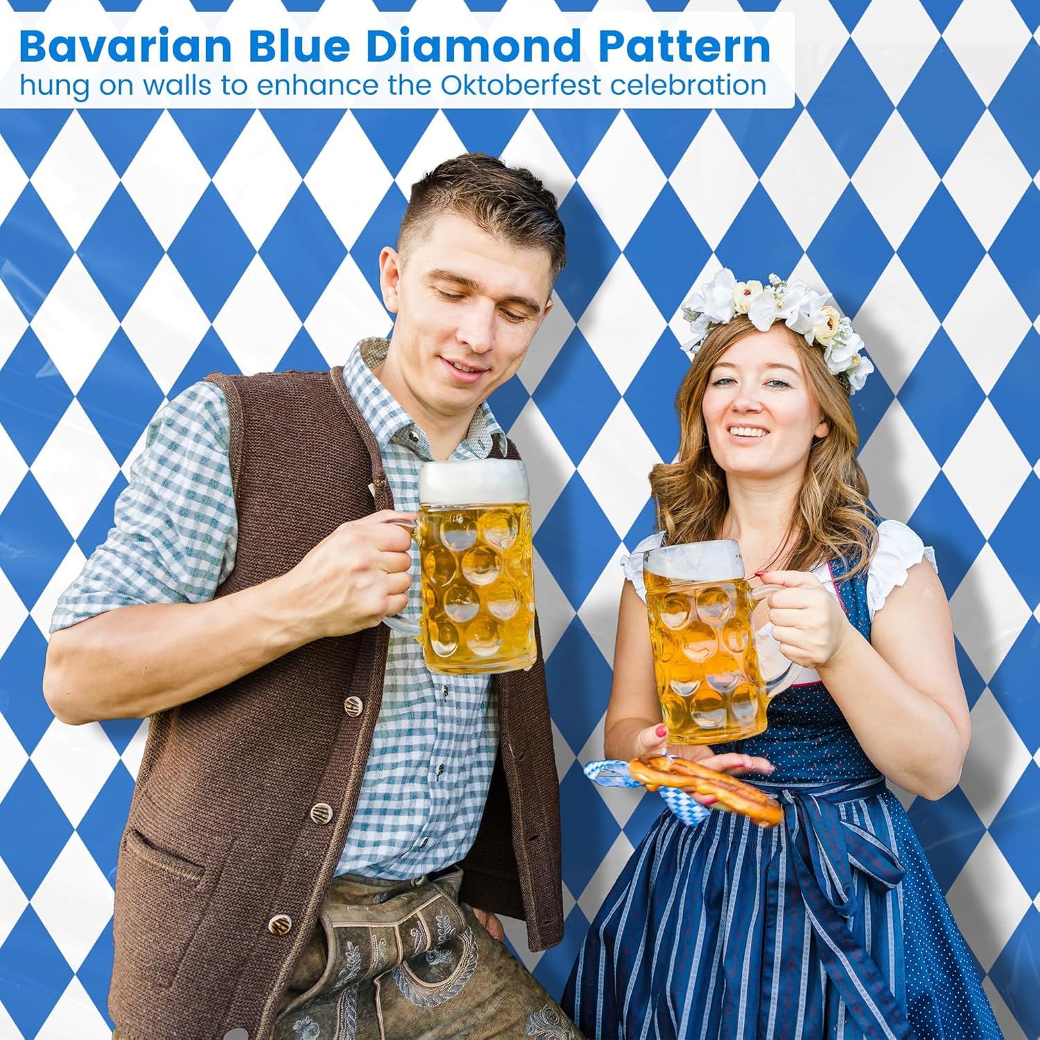 100 Ft x 54 Inch Oktoberfest Plastic Tablecloth Roll with Slide Cutter Box Disposable Bavarian Blue & White Argyle Design, Waterproof Blue Diamond Table Cover for Festivals Events Party Decor