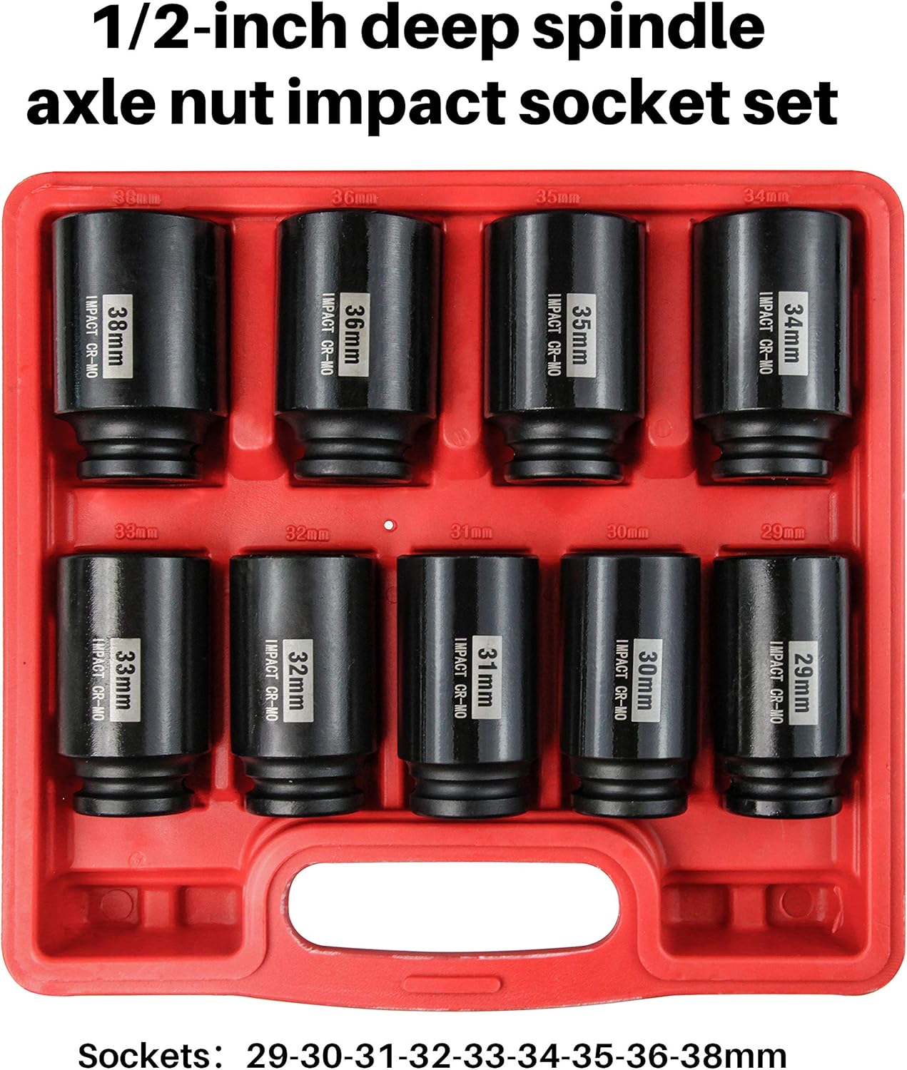 SEKETMAN 1/2" Drive Deep 6-Point Impact Socket Set/Spindle Axle Nut Impact Socket Set, Metric, Cr-Mo,29mm-38mm, 9-Piece Axle Socket Set