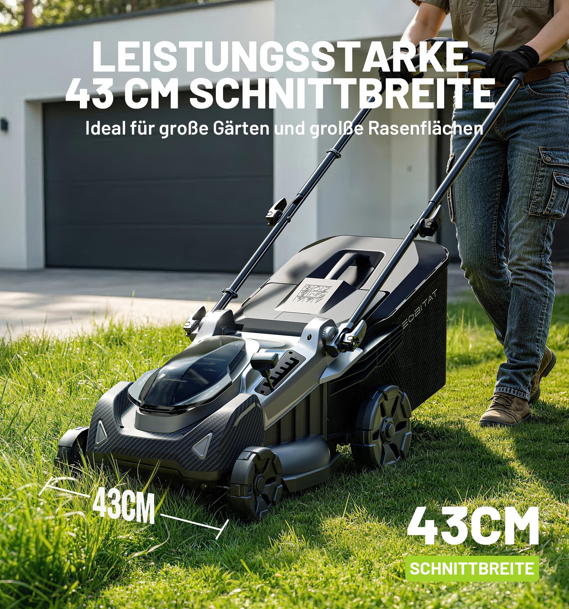 Selbstfahrend Akku-Rasenmäher 40V, 43 cm Schnittbreite, Brushless-Motor, Rasenmäher mit 2X 5,0 Ah Akkus & Ladegerät, 2-in-1 Mulchmäher & Fangen, bis 500 m², 25-75mm