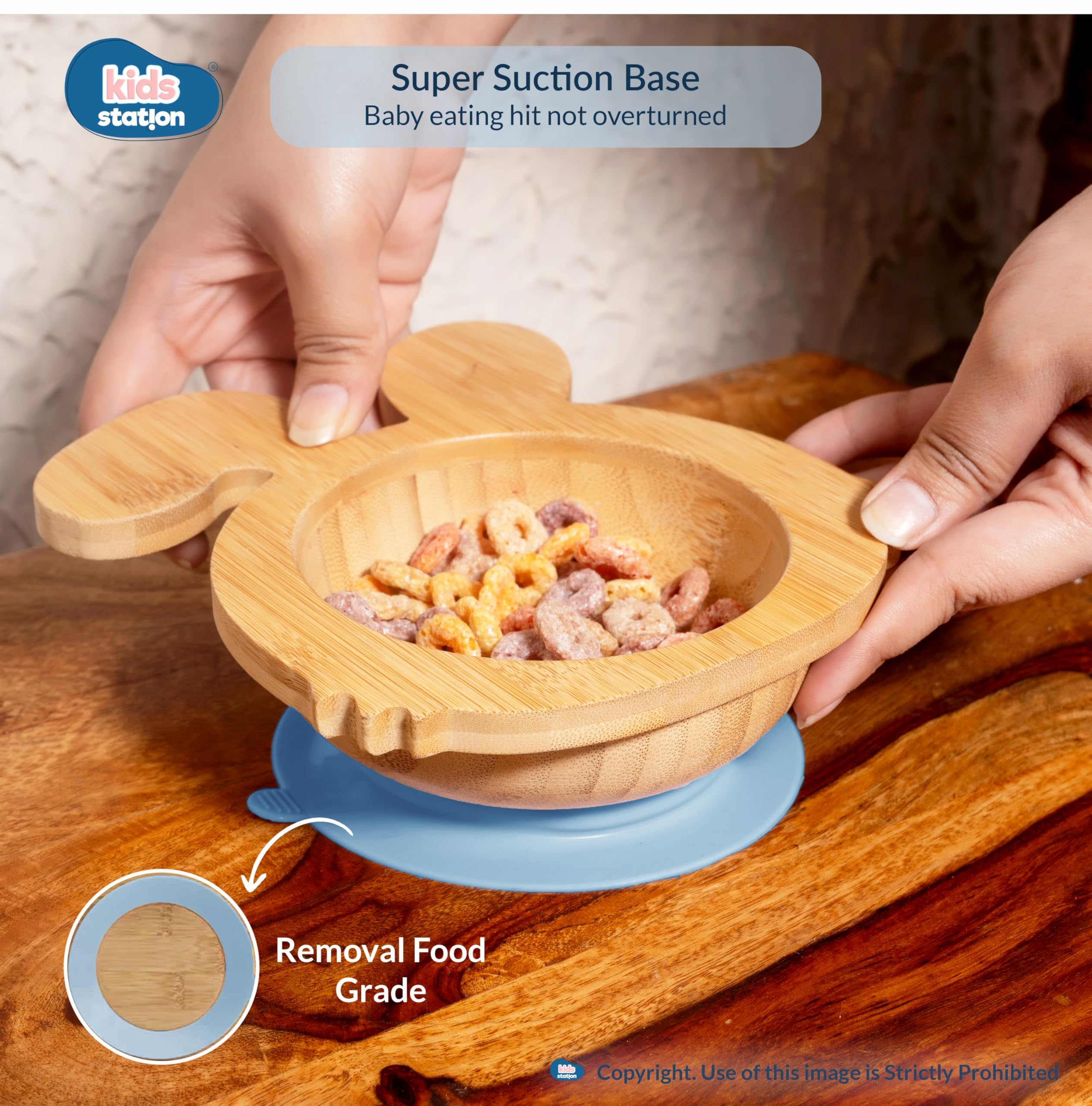 Kids Station Rabbit Wooden Feeding Bowl with Spoon for Babies – Blue | Eco-Friendly Self-Feeding Baby Tableware Set (2 pcs, Blue) 3