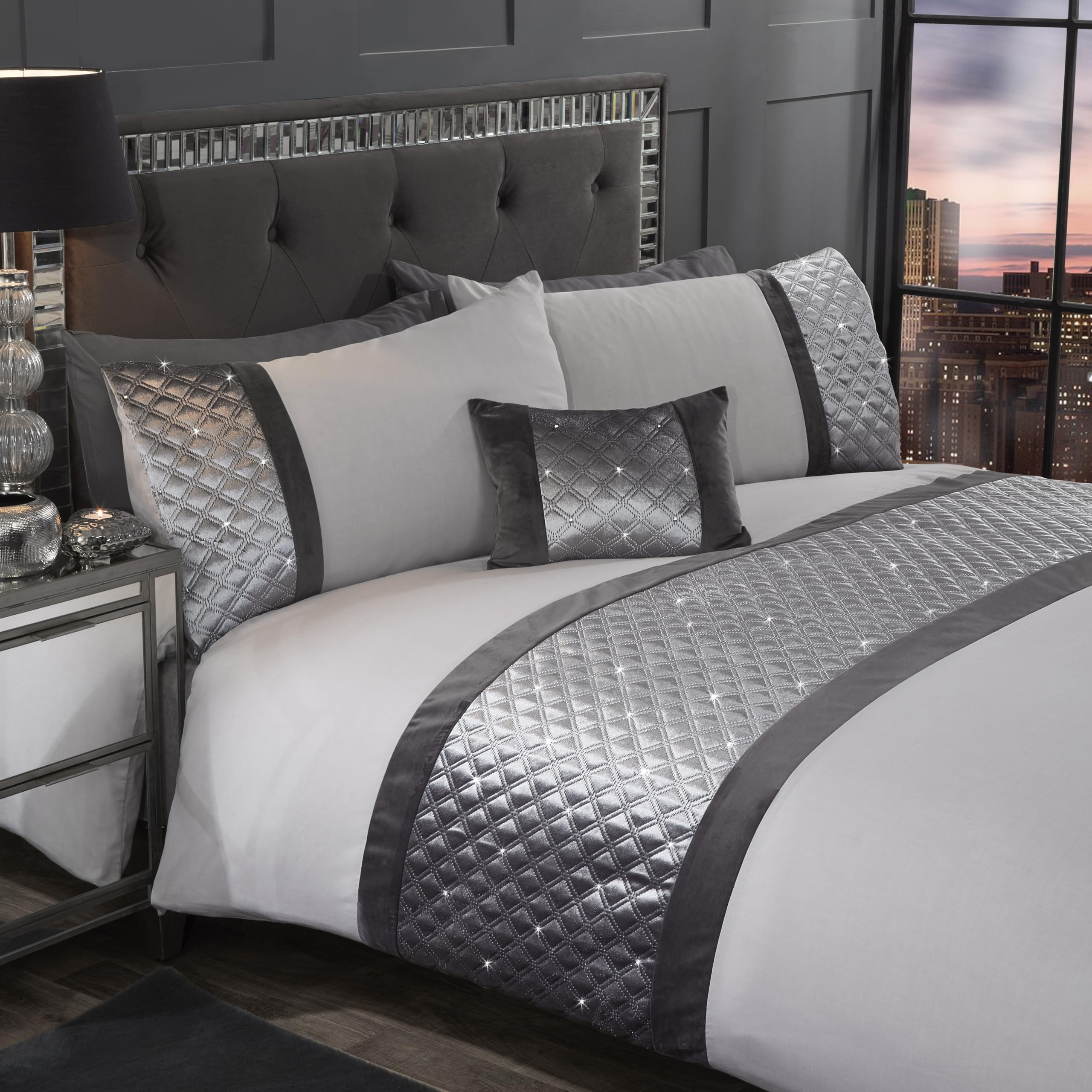 Rapport Home Luxury Embroidered Silver Duvet Cover Set Embellishment Premium Bedding - Kingsize Duvet Cover Set (230 x 220 cm)